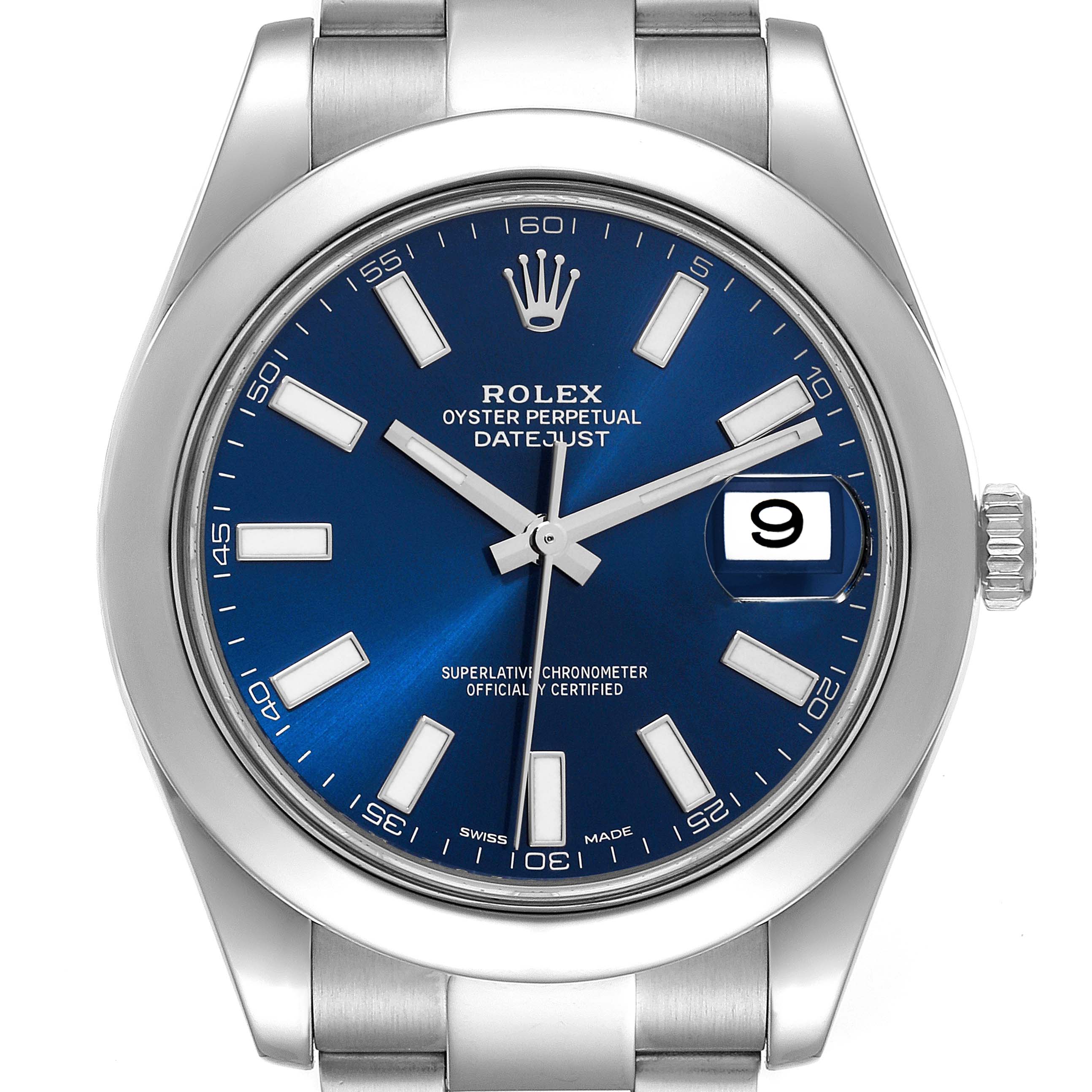 This image shows a front view of a Rolex Datejust 41 116300 Men's Stainless Steel Blue Dial 116300 Men's Stainless Steel Blue Dial watch with a blue dial and date display at the three o'clock position.