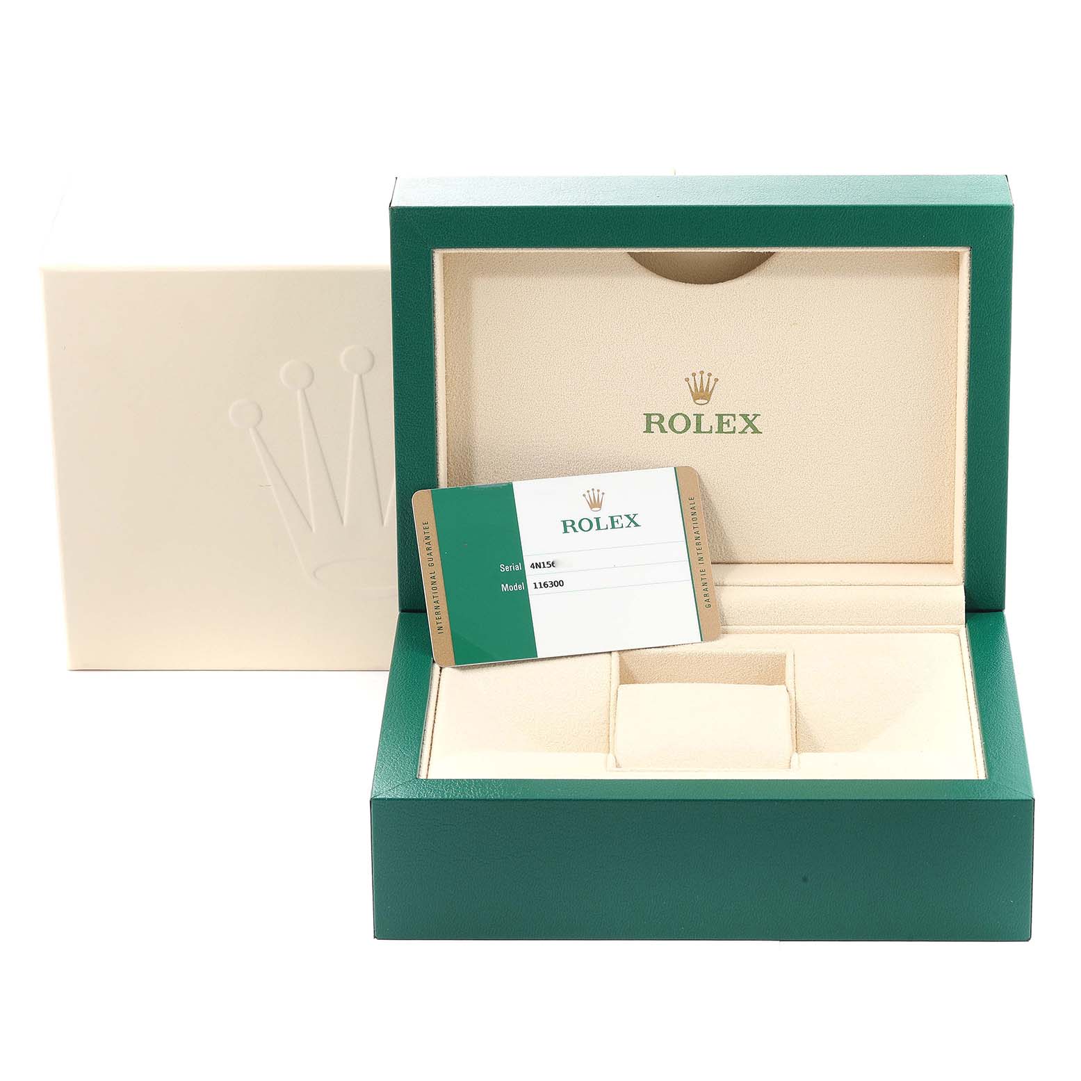 The image shows an empty Rolex Datejust 41 116300 Men's Stainless Steel Blue Dial 116300 Men's Stainless Steel Blue Dial watch box with a warranty card displayed in front.