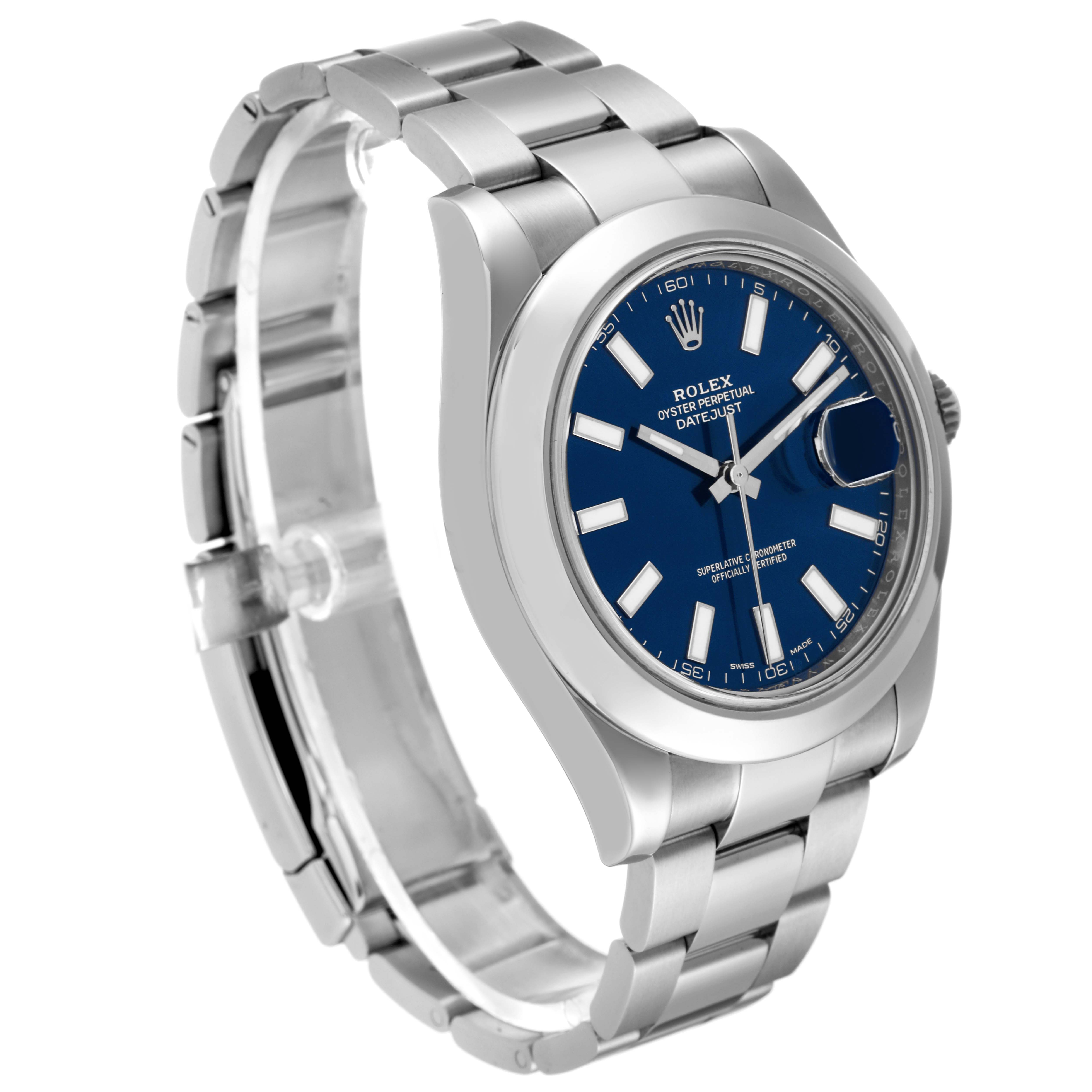 The image shows a side angle view of the Rolex Datejust 41 116300 Men's Stainless Steel Blue Dial 116300 Men's Stainless Steel Blue Dial watch, highlighting its blue dial and bracelet.