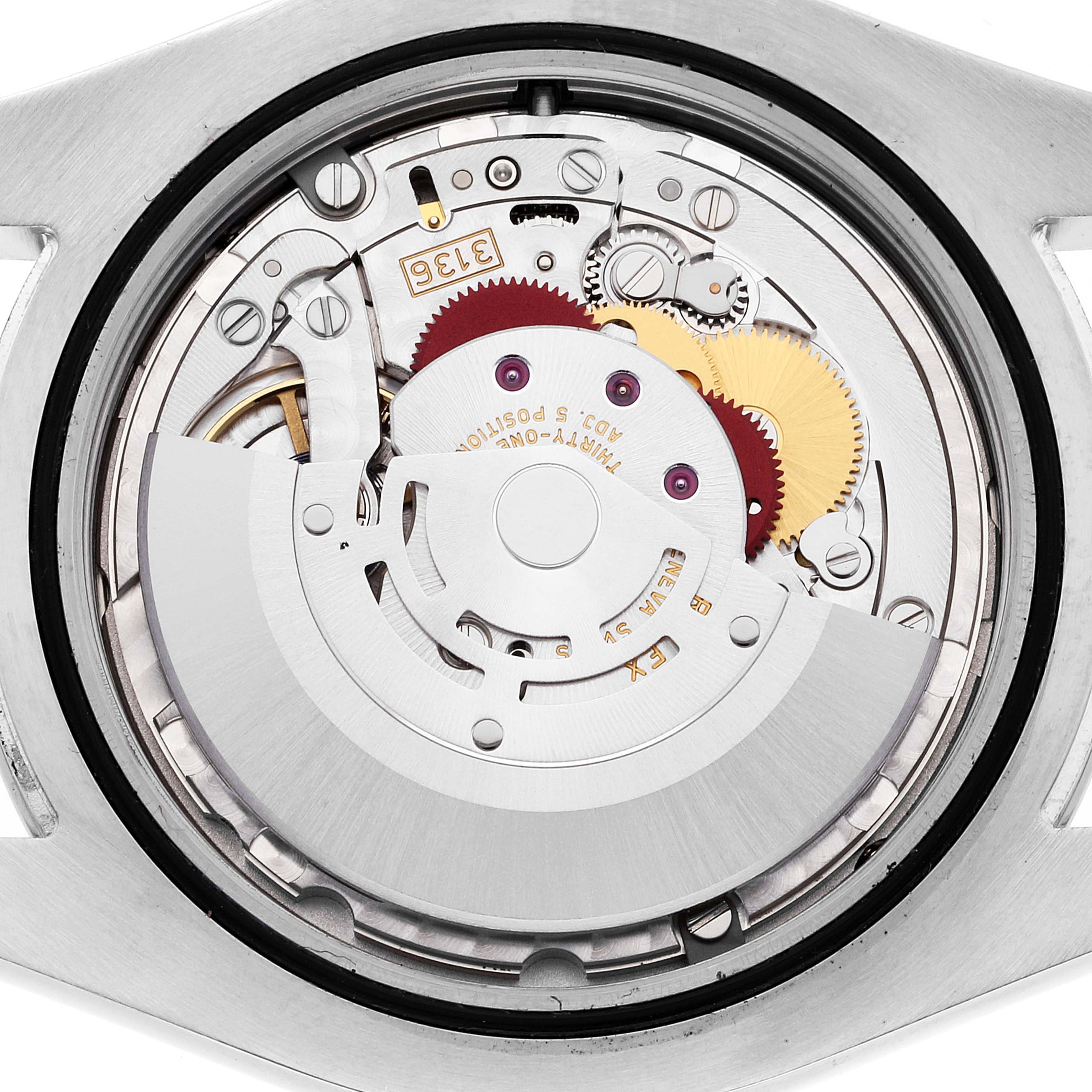 This image shows the internal mechanism of a Rolex Datejust 41 116300 Men's Stainless Steel Blue Dial 116300 Men's Stainless Steel Blue Dial watch from a direct overhead angle.