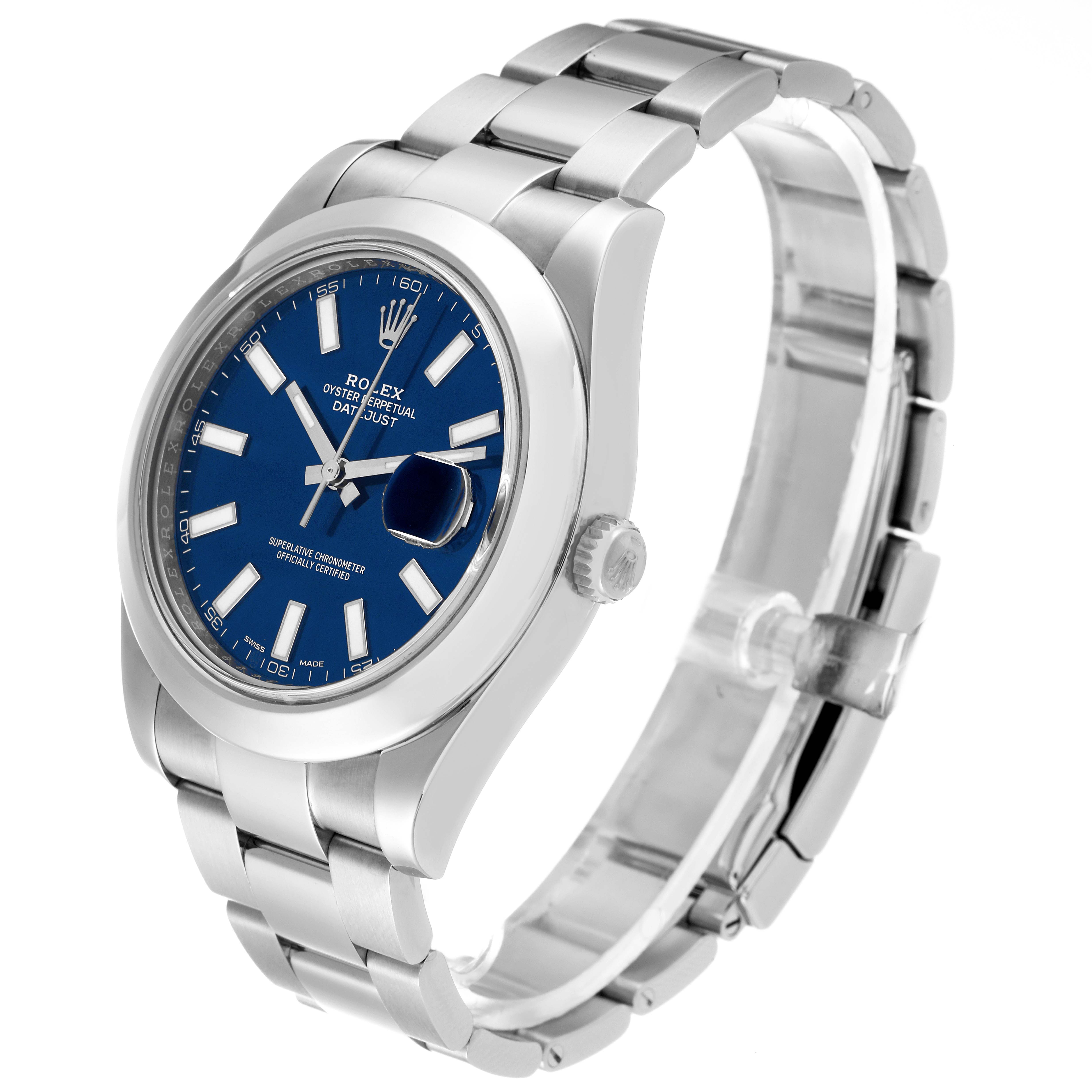 The Rolex Datejust 41 116300 Men's Stainless Steel Blue Dial 116300 Men's Stainless Steel Blue Dial watch is shown at an angle displaying its face, case, crown, and bracelet.