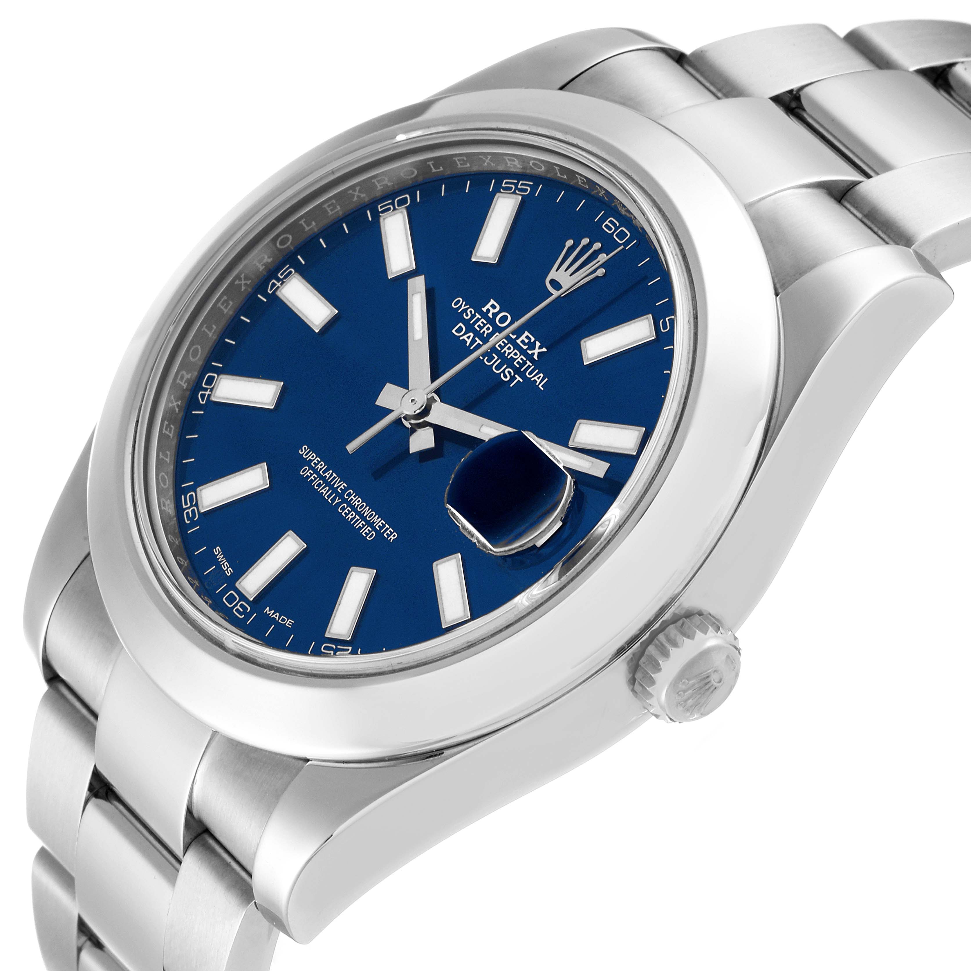 The image shows a close-up side view of the Rolex Datejust 41 116300 Men's Stainless Steel Blue Dial 116300 Men's Stainless Steel Blue Dial watch featuring a blue dial and the crown.