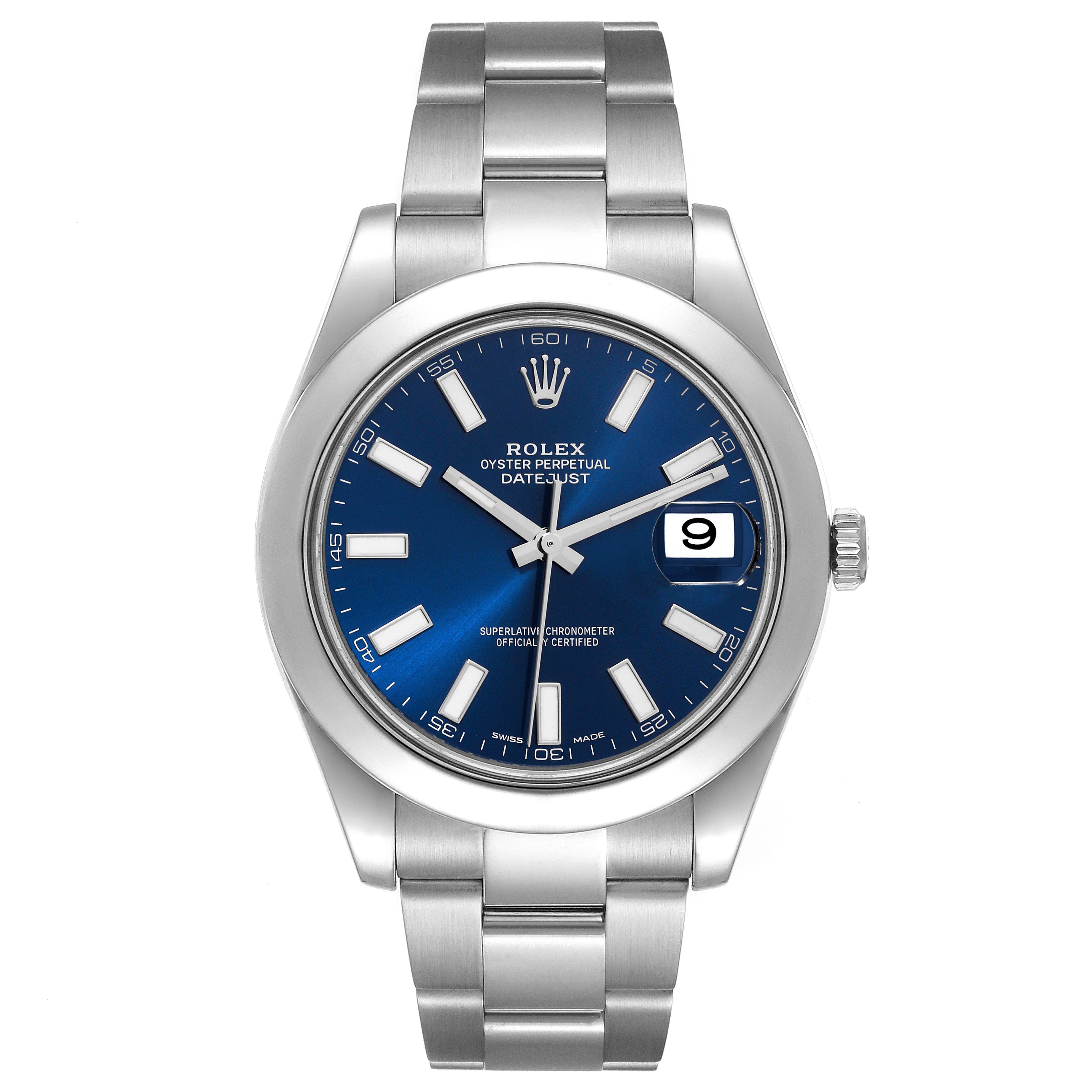 The image shows a frontal view of a Rolex Datejust 41 116300 Men's Stainless Steel Blue Dial 116300 Men's Stainless Steel Blue Dial watch with a blue dial and an Oyster bracelet.