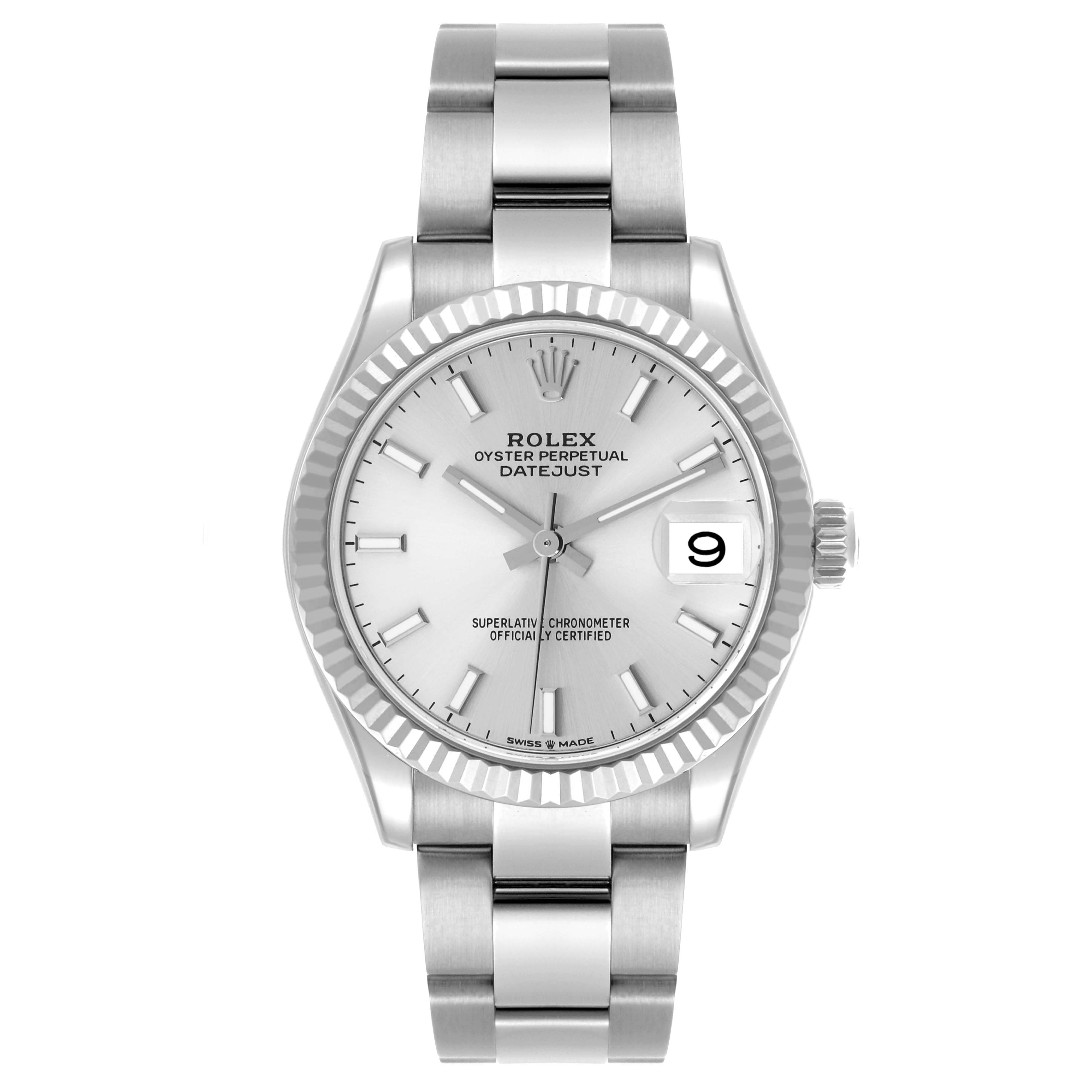 The Rolex Datejust Mid-Size watch is shown from the front, displaying its dial, bezel, bracelet, and crown.