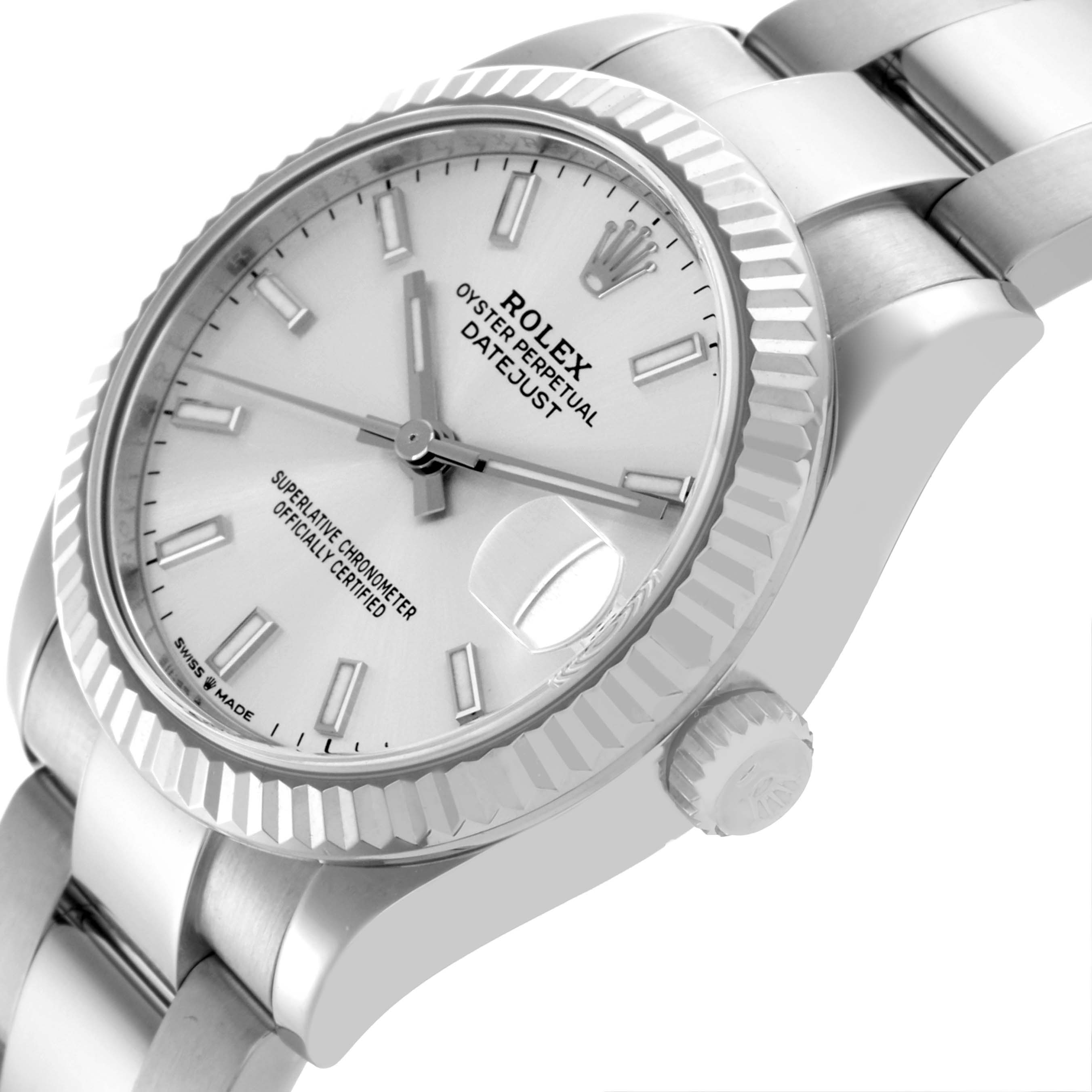 The Rolex Mid-Size 278274 Women's Stainless Steel Silver Dial 278274 Women's Stainless Steel Silver Dial watch is shown from a front-side angle, displaying the dial, crown, and part of the bracelet.