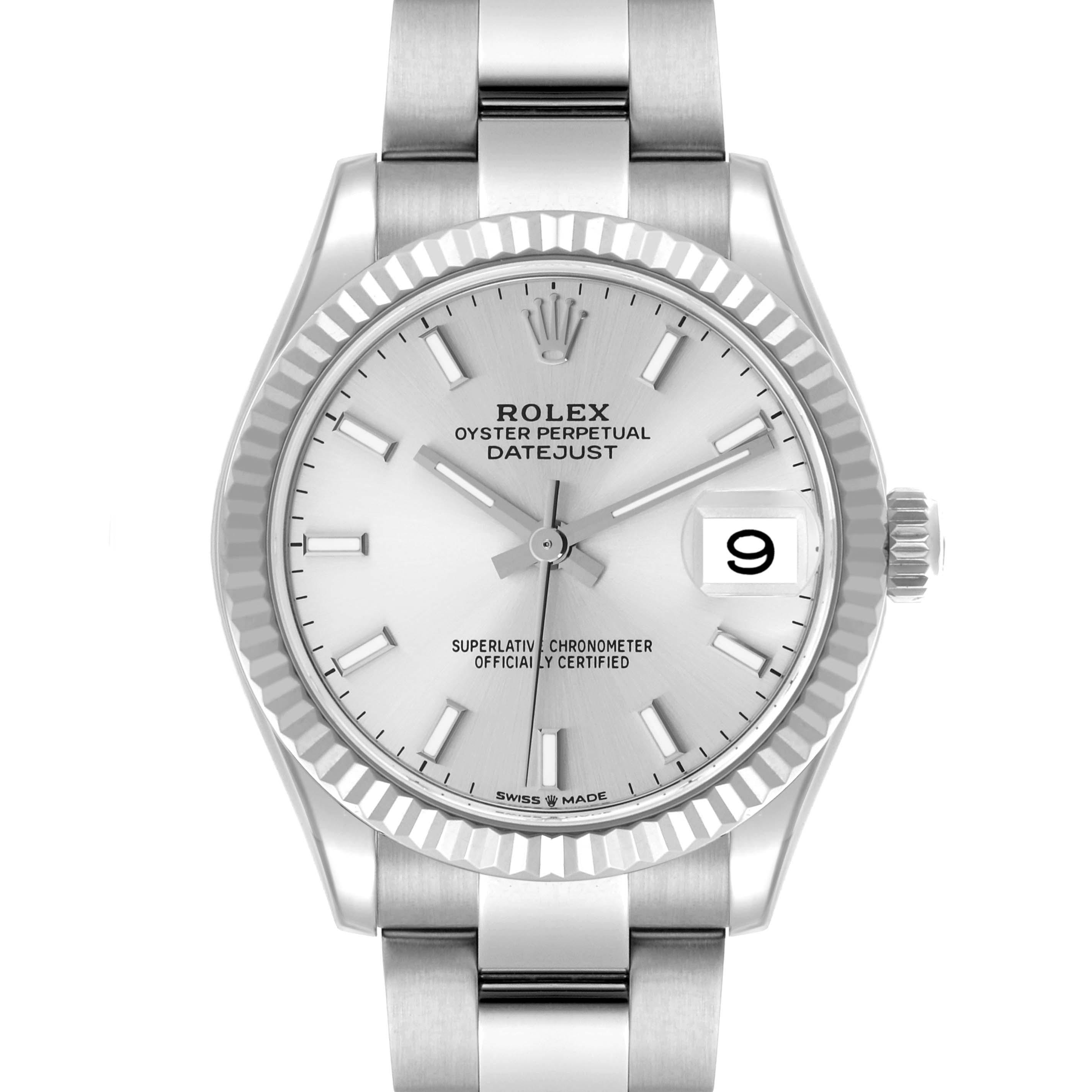 The Rolex Datejust Mid-Size is shown from a front angle, highlighting the dial, fluted bezel, date window, and part of the bracelet.