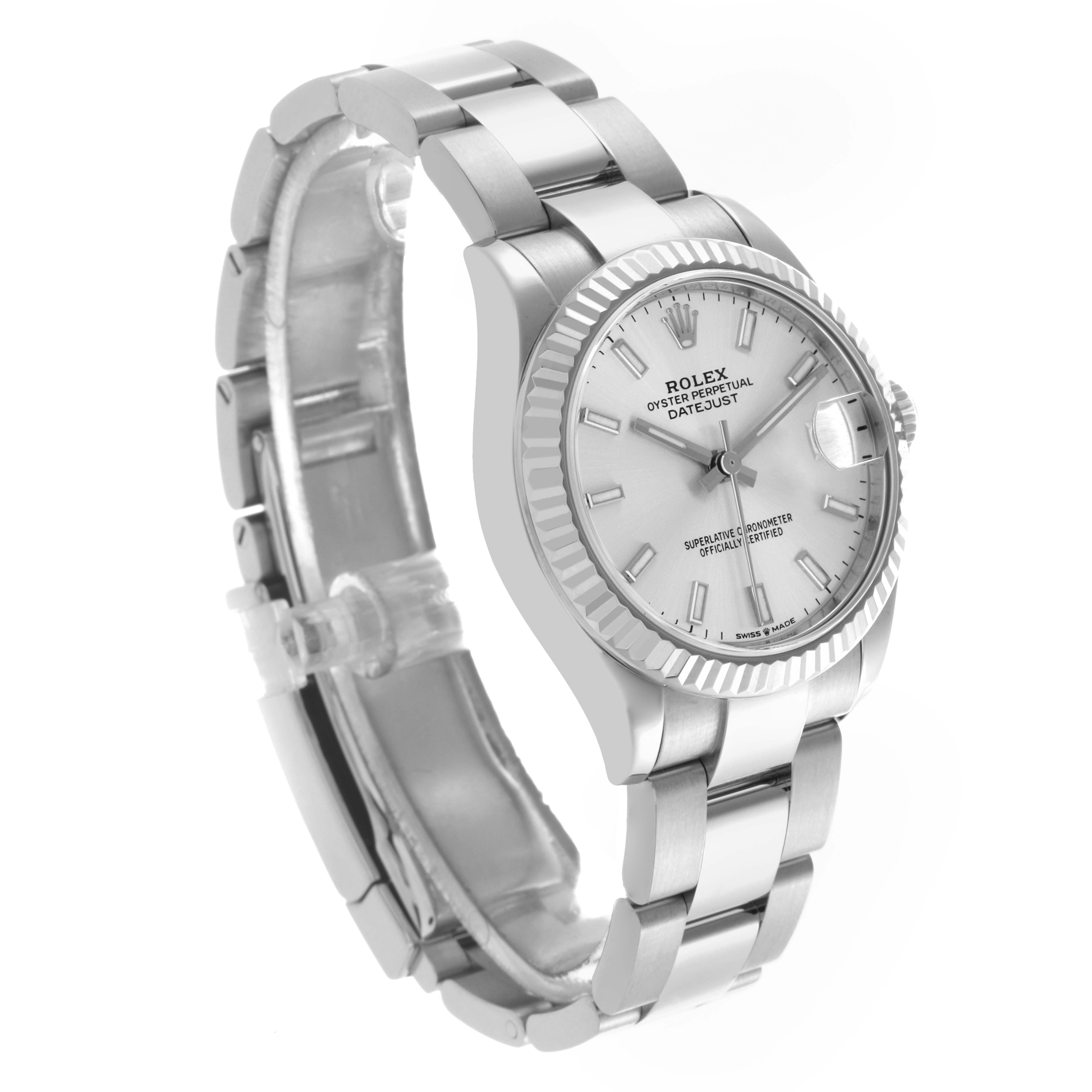 The Rolex Mid-Size 278274 Women's Stainless Steel Silver Dial 278274 Women's Stainless Steel Silver Dial Datejust watch is shown at a three-quarter angle, highlighting the face and bracelet.