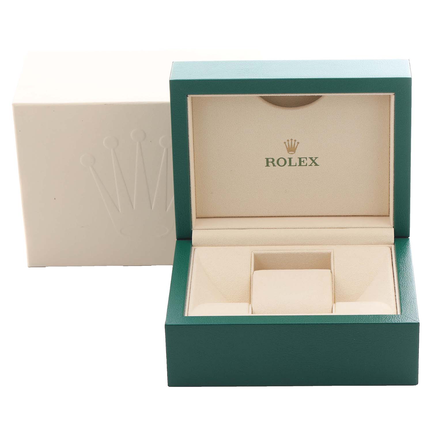 The image shows an open Rolex watch box, designed for a Mid-Size model, viewed from the front with the logo visible.