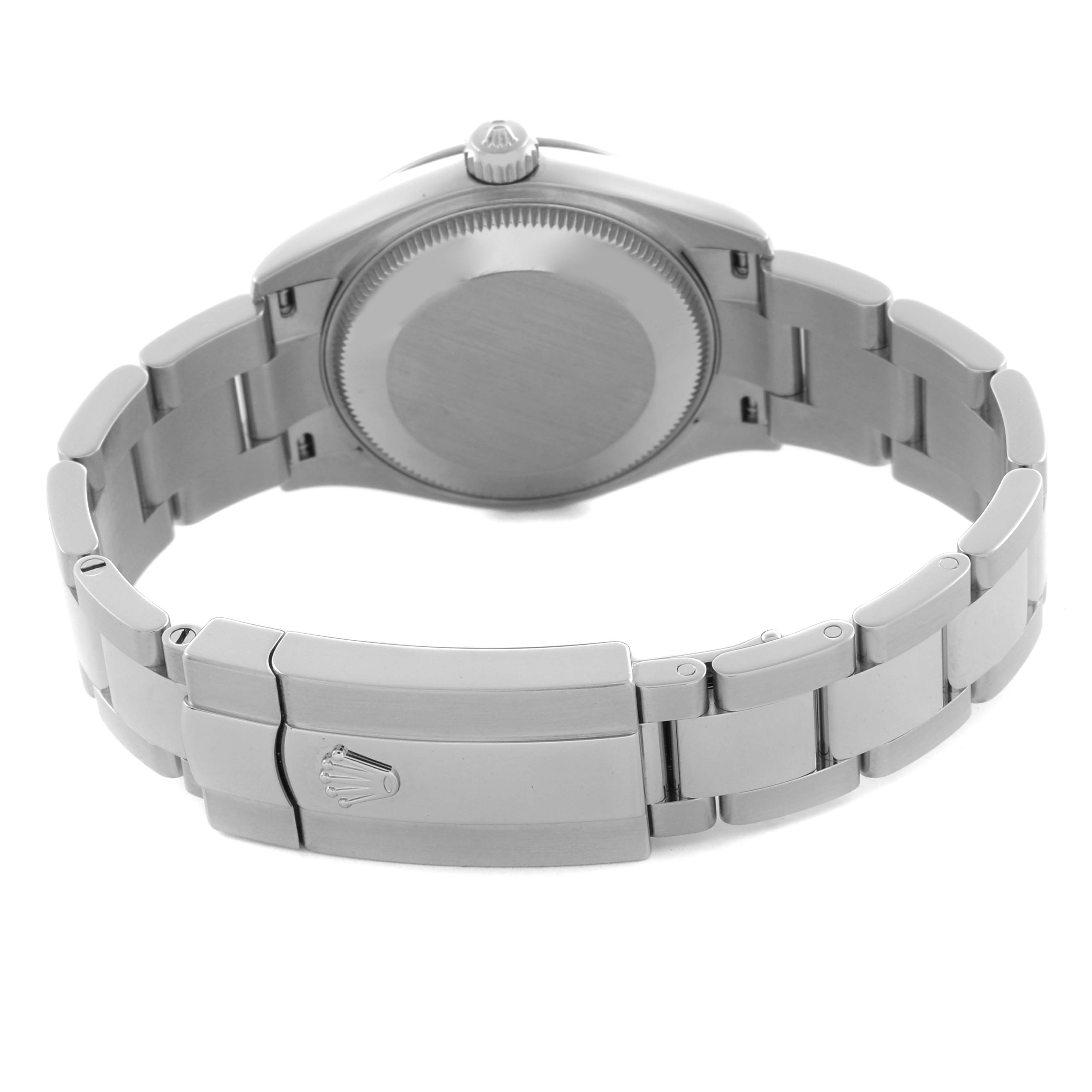 The image shows the back of the Rolex Mid-Size 278274 Women's Stainless Steel Silver Dial 278274 Women's Stainless Steel Silver Dial model, highlighting the case back, bracelet, and clasp.