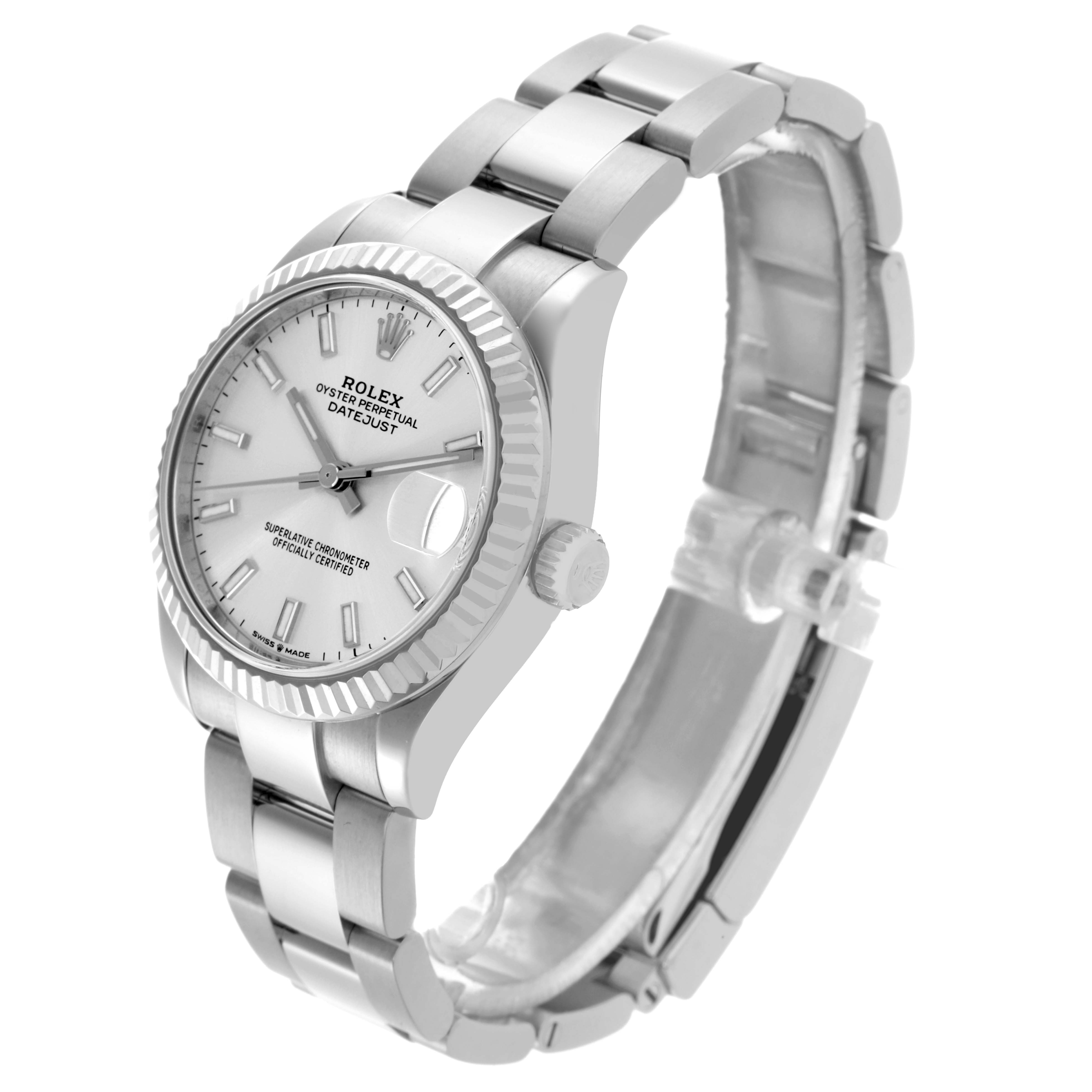The Rolex Mid-Size 278274 Women's Stainless Steel Silver Dial 278274 Women's Stainless Steel Silver Dial watch is shown at a three-quarter angle, highlighting the face, bezel, crown, and bracelet.