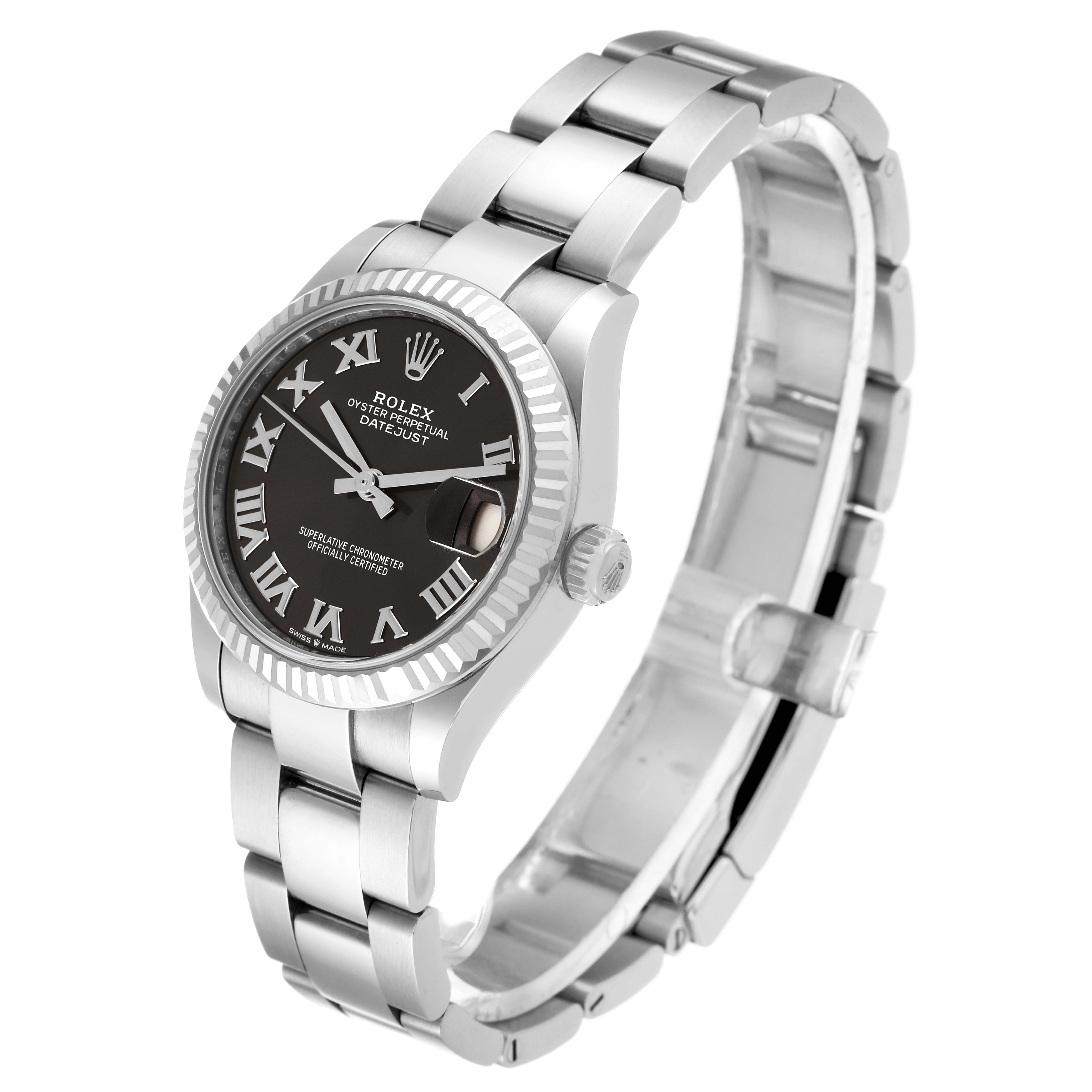 This image shows a side angle of the Rolex Mid-Size 278274 Women's Stainless Steel Grey Dial 278274 Women's Stainless Steel Grey Dial Datejust, displaying its face, bezel, and part of the bracelet.