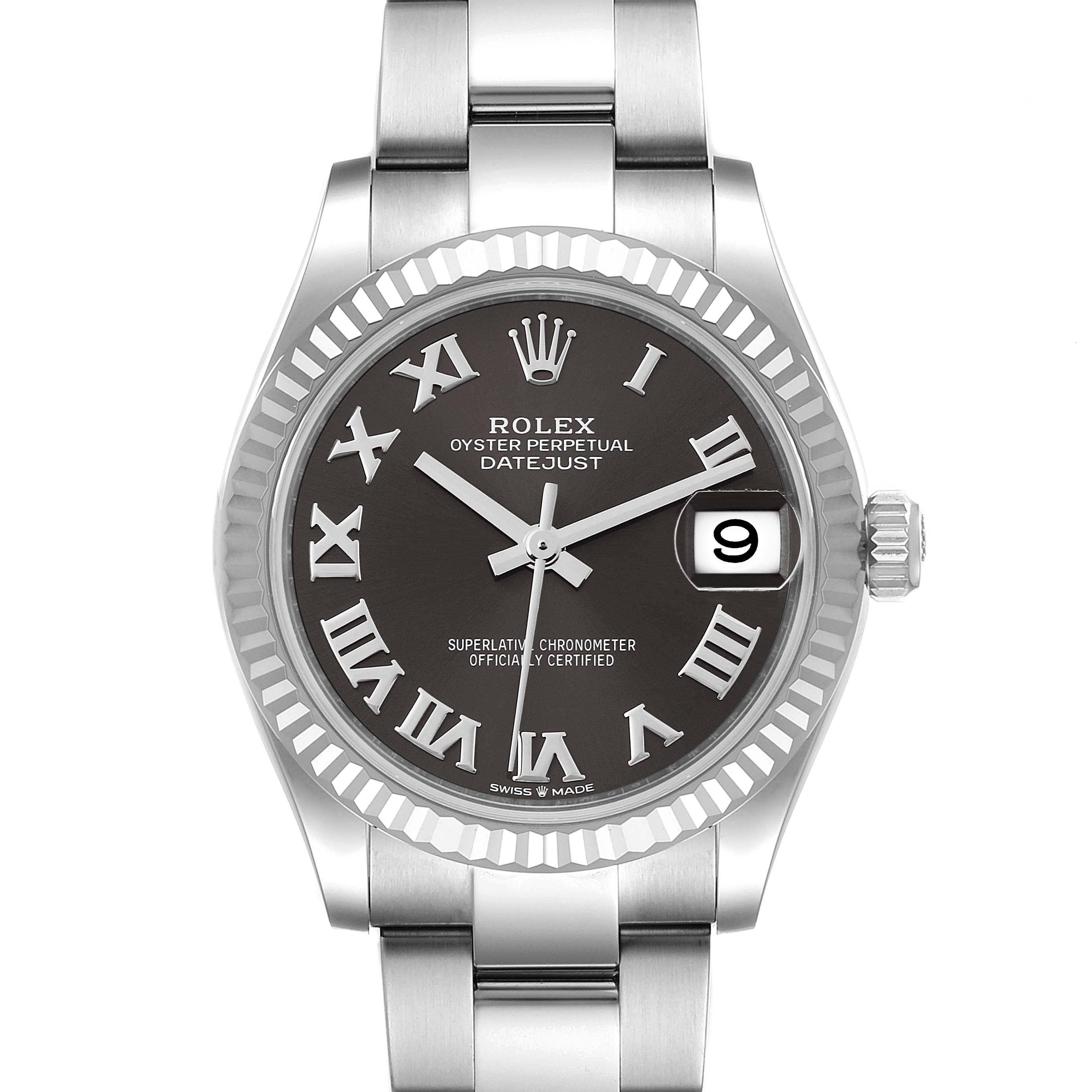 This image shows a front view of the Rolex Mid-Size 278274 Women's Stainless Steel Grey Dial 278274 Women's Stainless Steel Grey Dial Datejust, highlighting the dial, bezel, crown, and part of the bracelet.