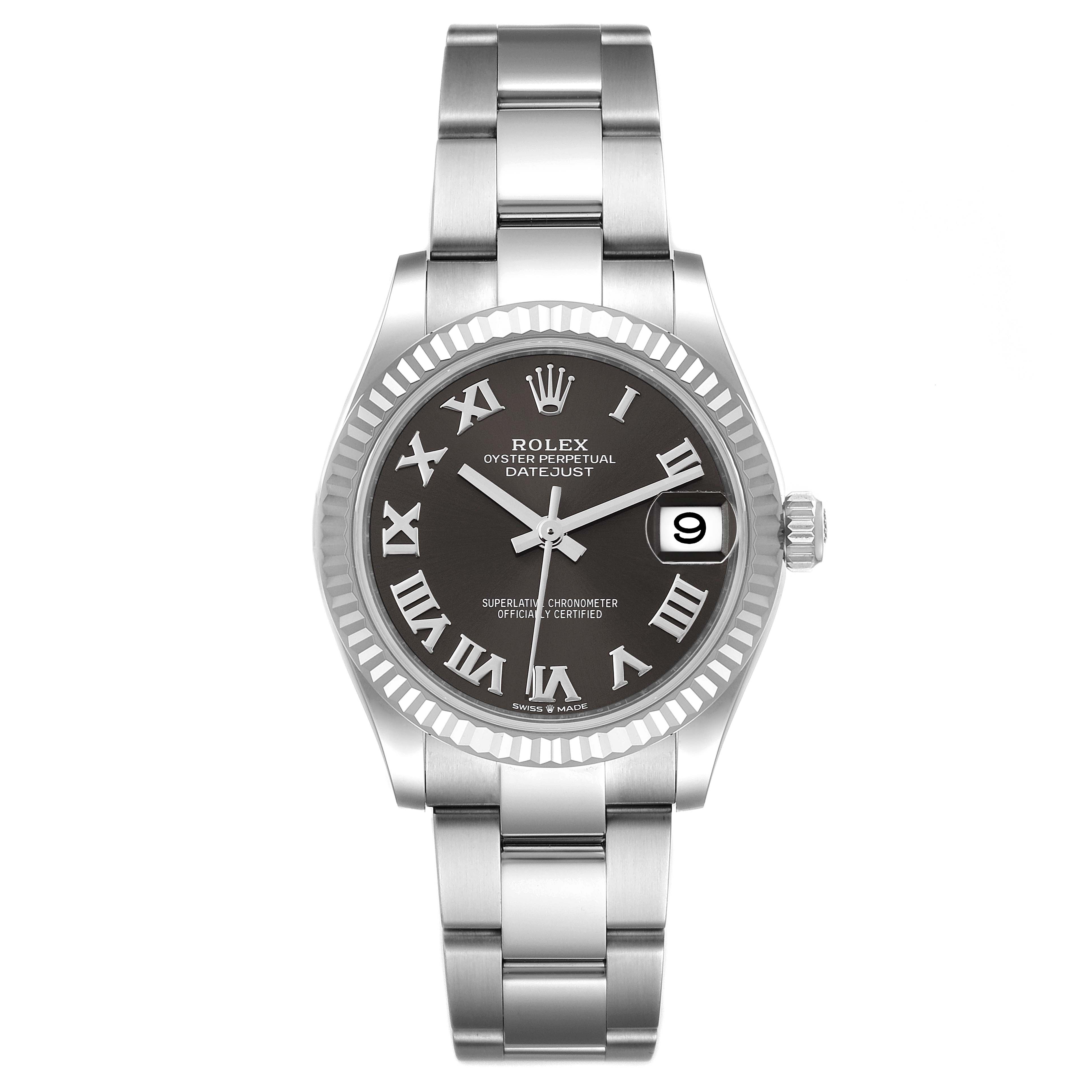 The Rolex Mid-Size 278274 Women's Stainless Steel Grey Dial 278274 Women's Stainless Steel Grey Dial Datejust watch is shown from a front angle, displaying its face, bezel, and bracelet.