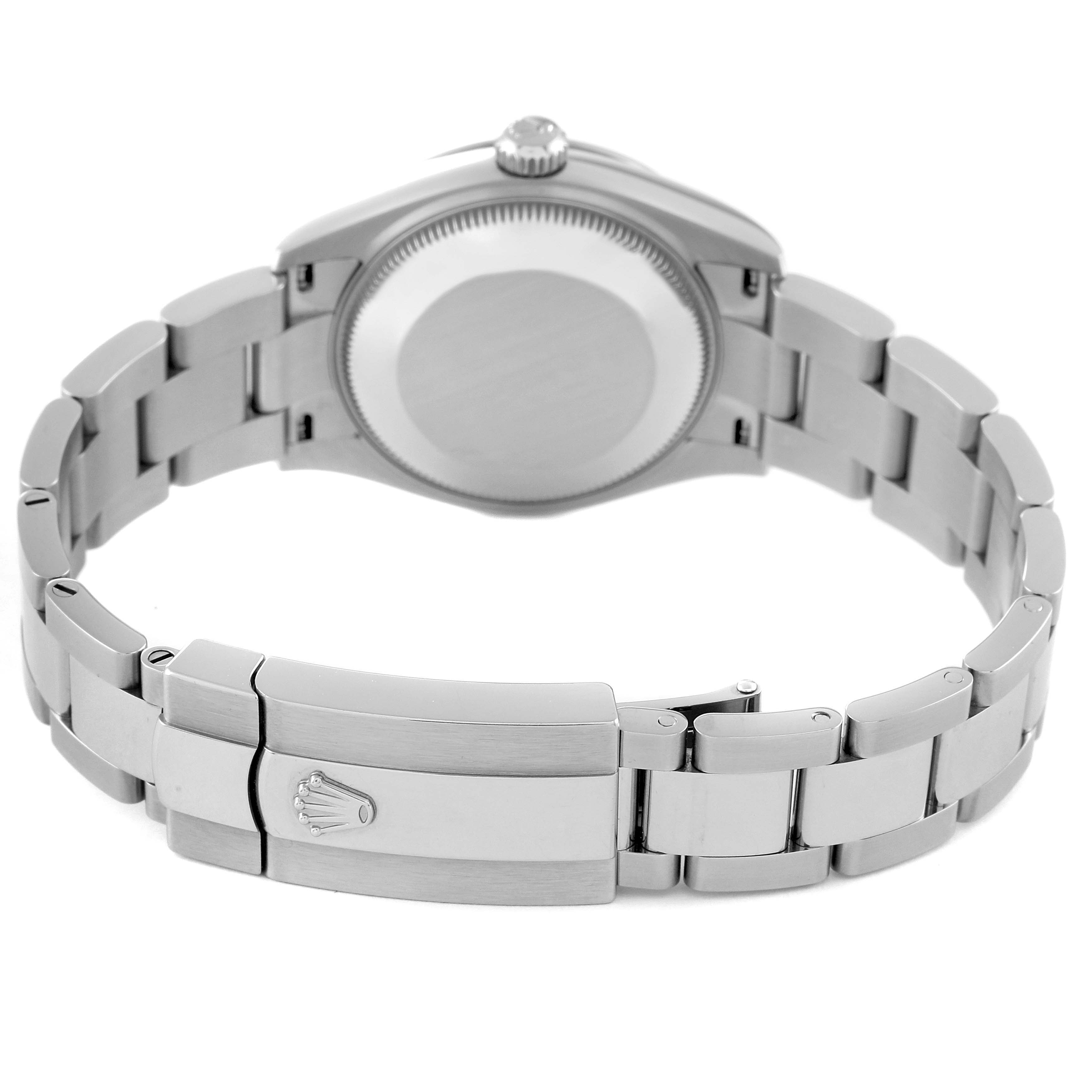 This image shows the back and bracelet of a Mid-Size Rolex watch, including the clasp with the Rolex logo.