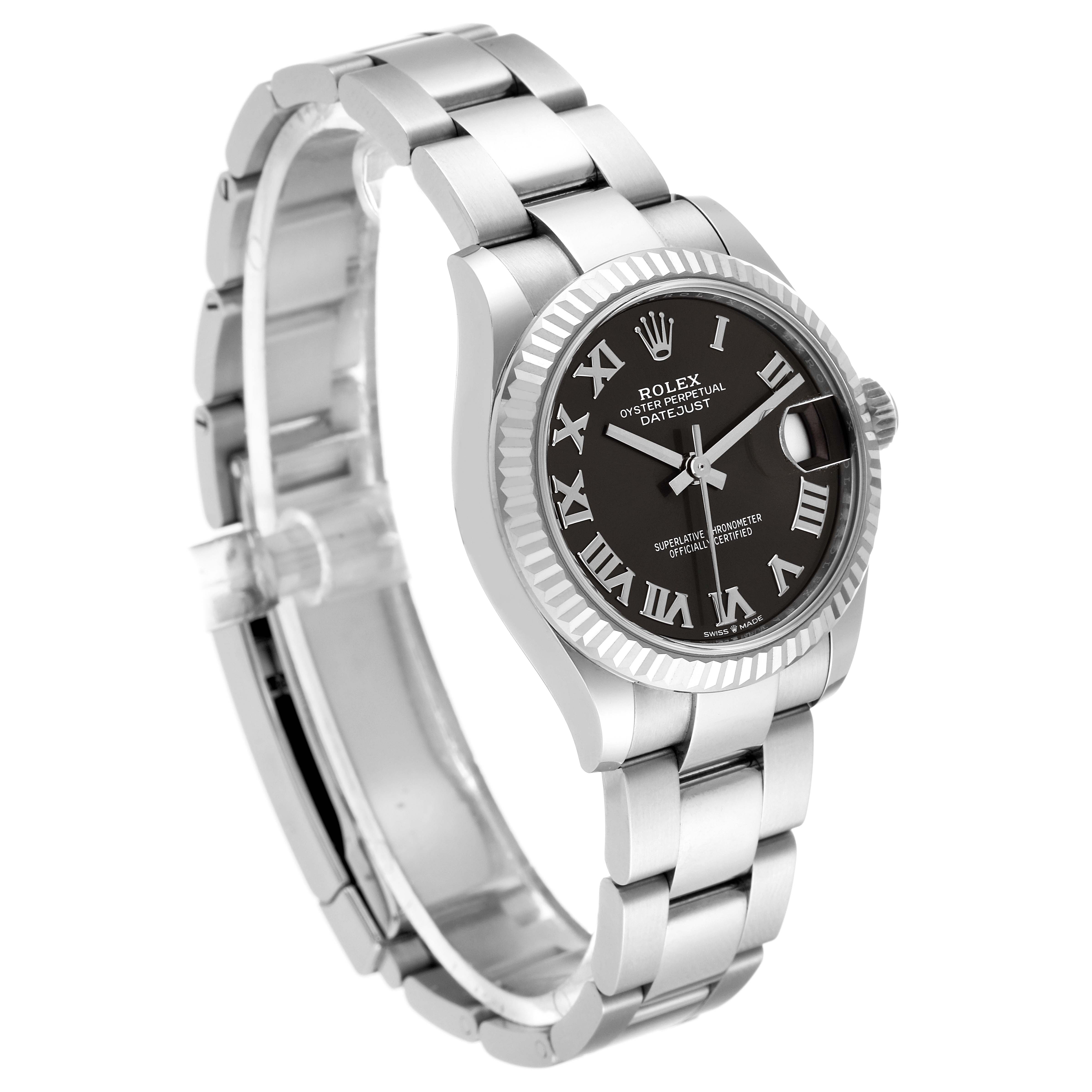 The image shows a side-front angle of the Rolex Mid-Size 278274 Women's Stainless Steel Grey Dial 278274 Women's Stainless Steel Grey Dial Oyster Perpetual Datejust watch, highlighting the bracelet, case, dial, and bezel.