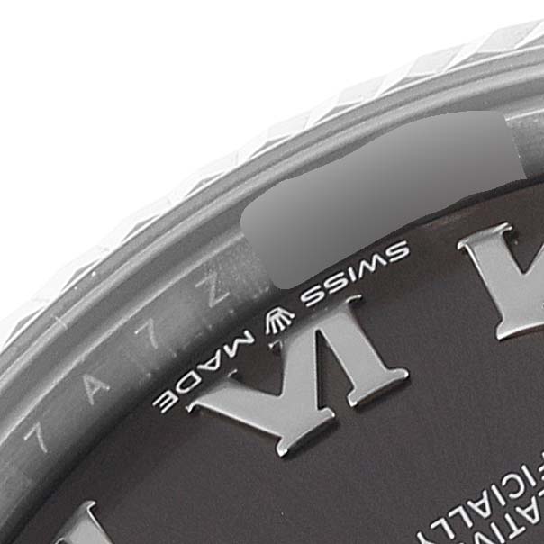 This close-up image shows the bezel, dial, and part of the "Swiss Made" text of a Rolex Mid-Size 278274 Women's Stainless Steel Grey Dial 278274 Women's Stainless Steel Grey Dial model watch.