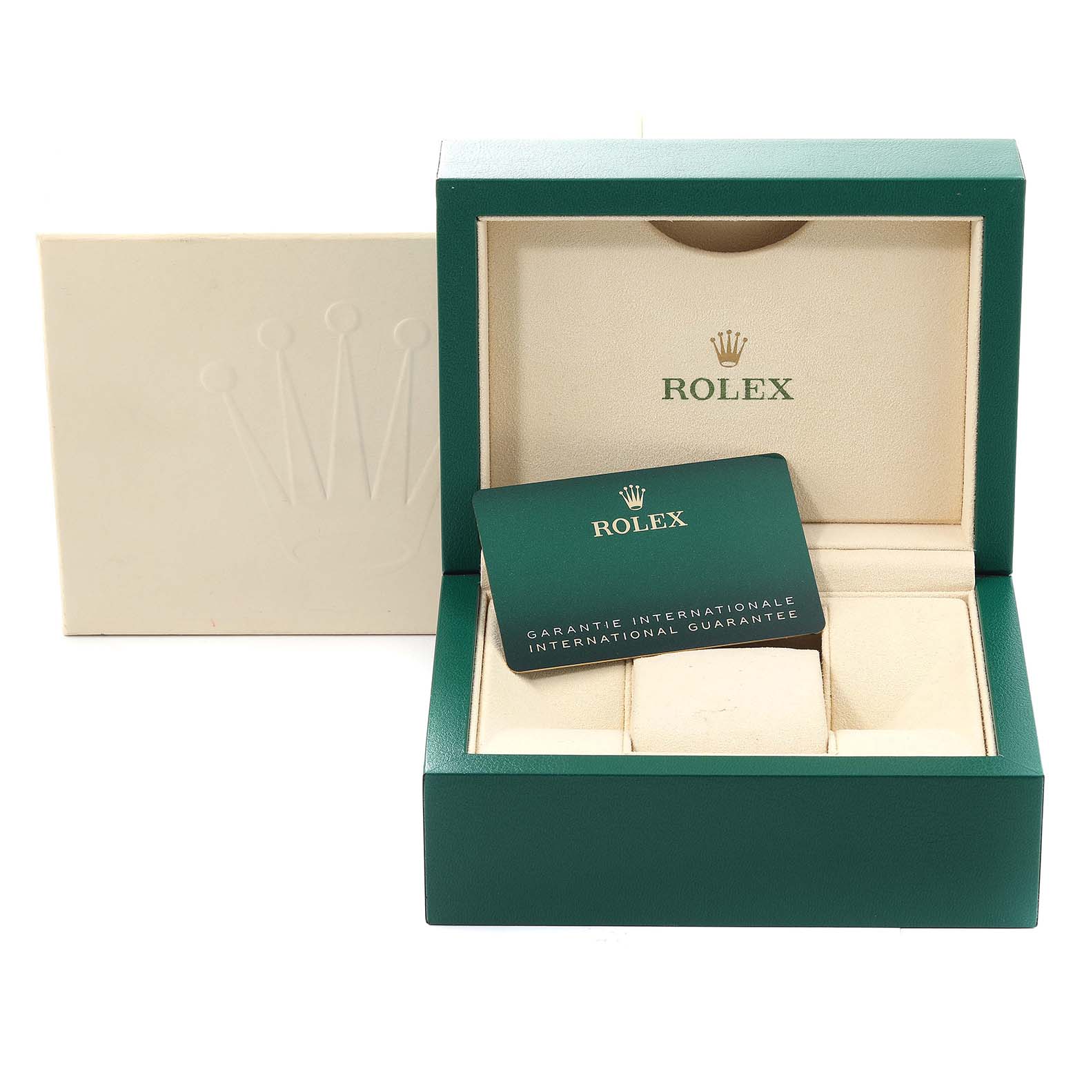 The image shows a Rolex Mid-Size 278274 Women's Stainless Steel Grey Dial 278274 Women's Stainless Steel Grey Dial model watch box and an international guarantee card from a front angle.