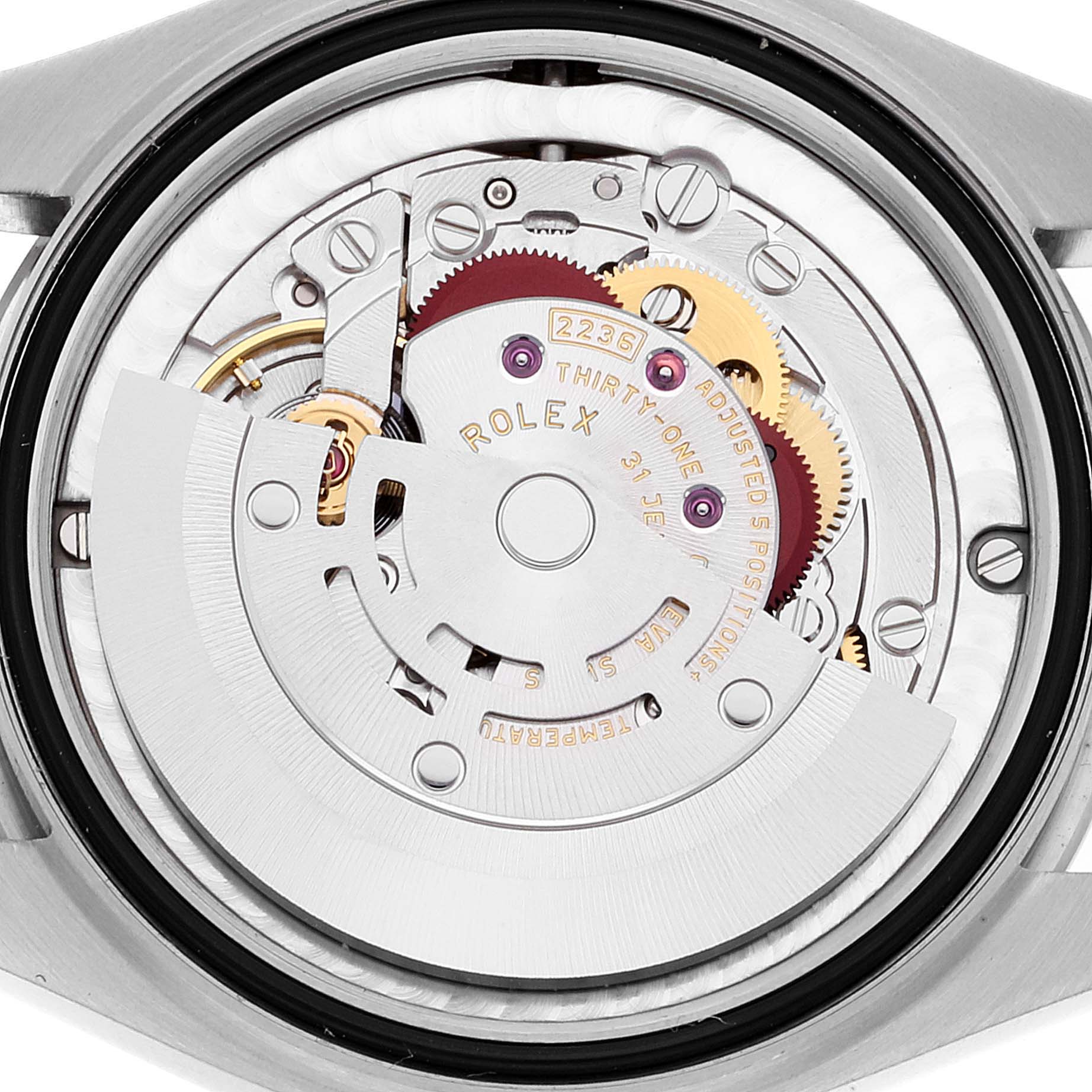 The image shows the movement and internal mechanism of a Rolex Mid-Size 278274 Women's Stainless Steel Grey Dial 278274 Women's Stainless Steel Grey Dial watch from a rear angle.