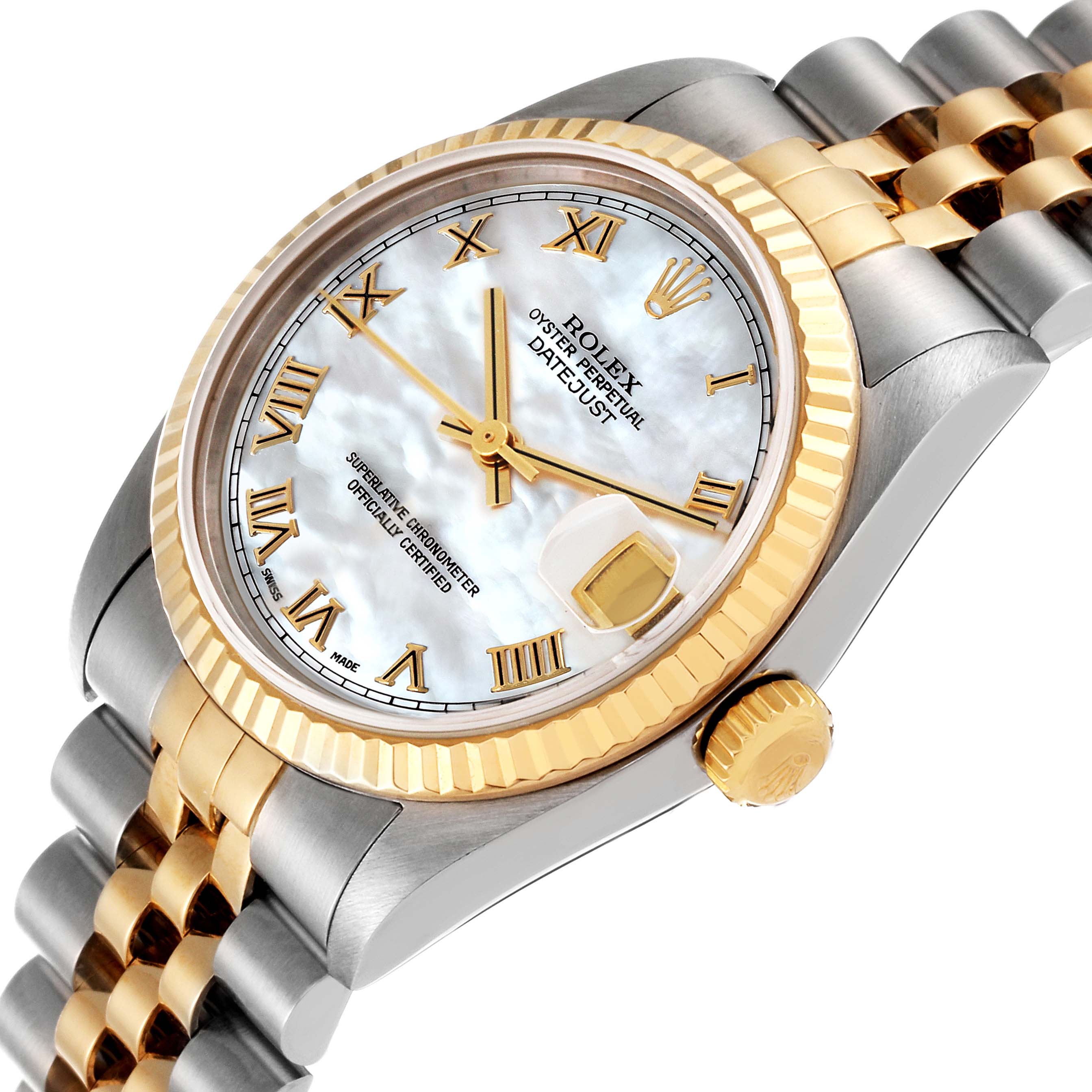 The image shows a Rolex Mid-Size 78273 Women's Steel and Gold (two tone) Mother of Pearl Dial 78273 Women's Steel and Gold (two tone) Mother of Pearl Dial Datejust watch from an angled view, highlighting the face, bezel, crown, and part of the bracelet.