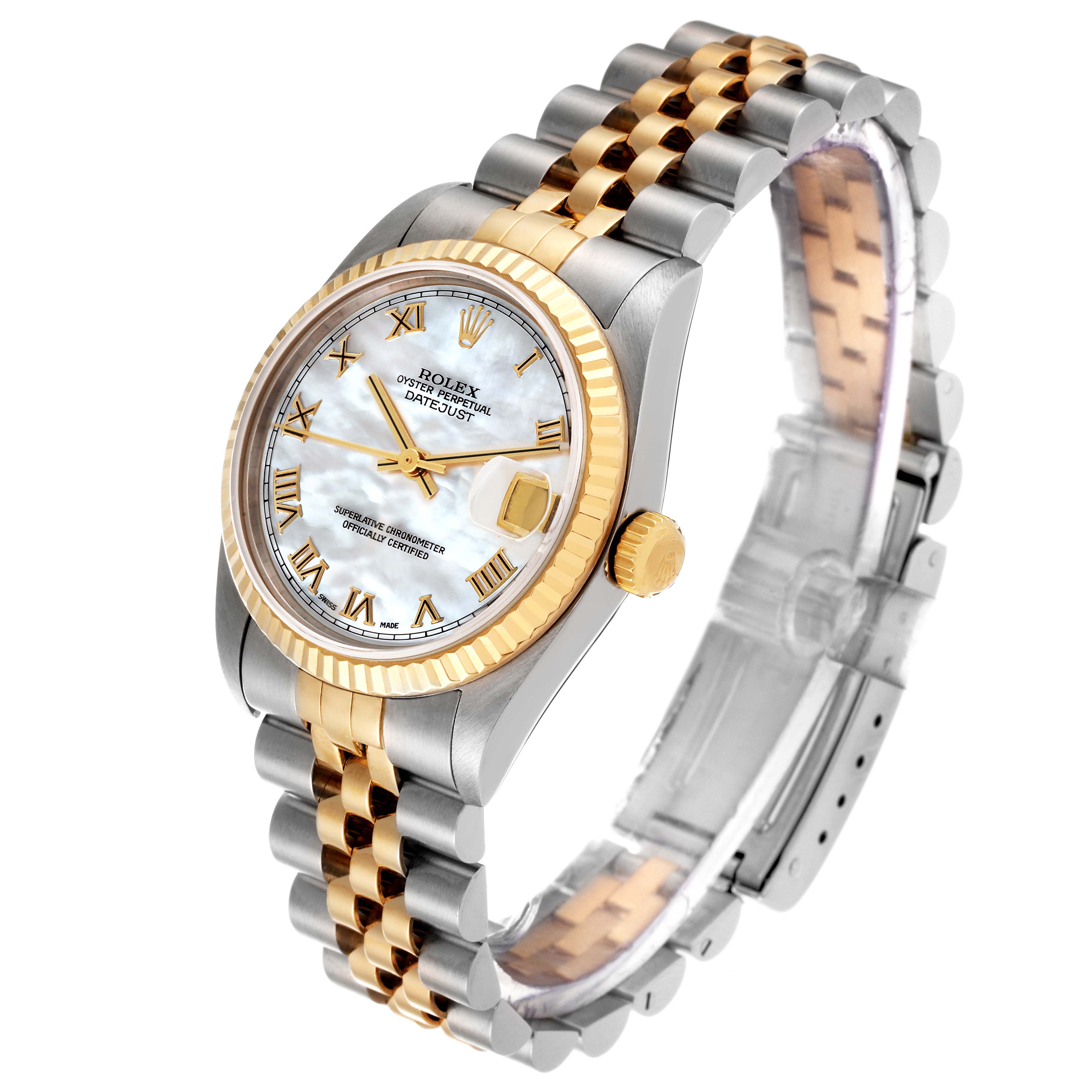 The image shows a side-angle view of a Rolex Mid-Size 78273 Women's Steel and Gold (two tone) Mother of Pearl Dial 78273 Women's Steel and Gold (two tone) Mother of Pearl Dial Datejust watch with a two-tone bracelet and fluted bezel.