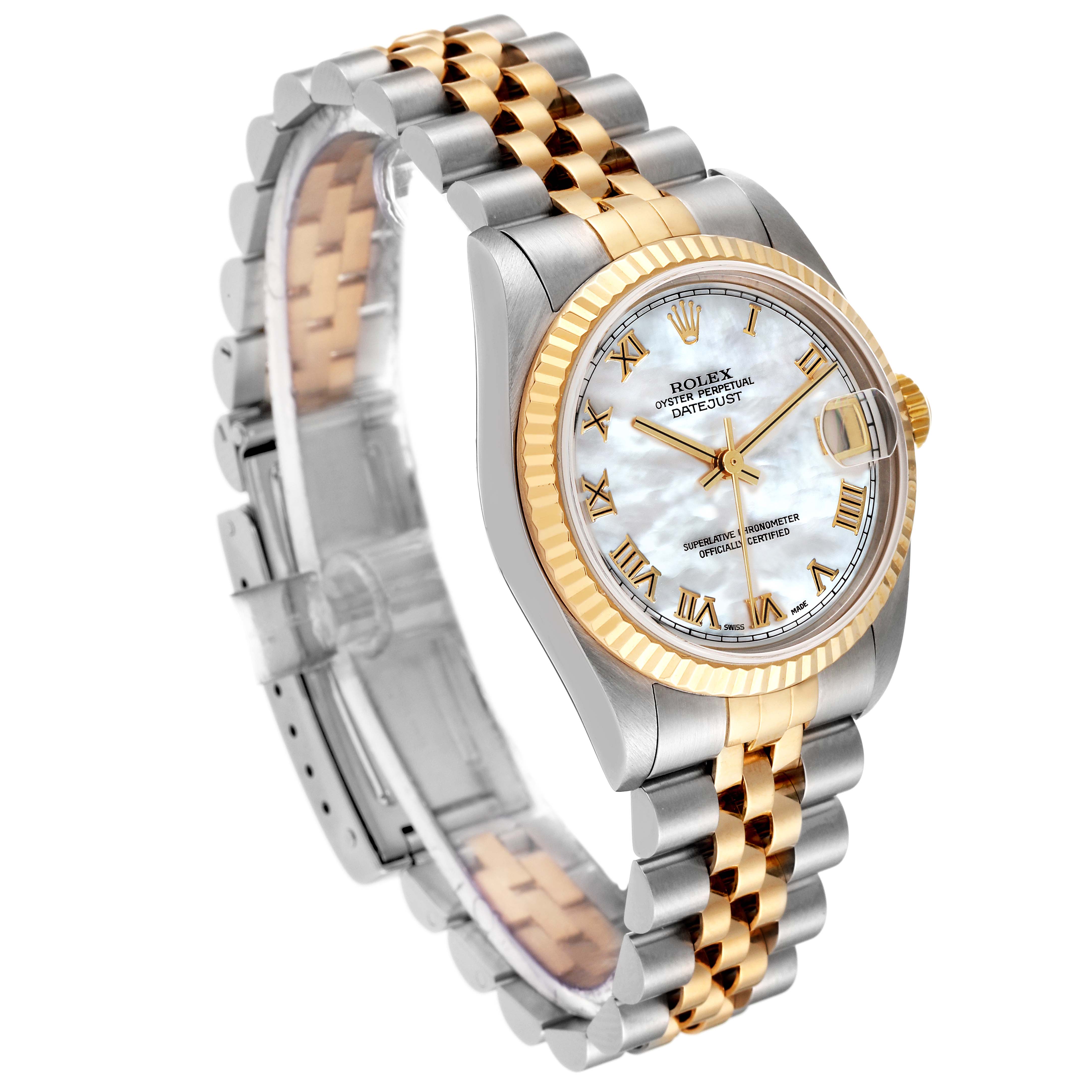The image shows a three-quarter view of a Rolex Mid-Size 78273 Women's Steel and Gold (two tone) Mother of Pearl Dial 78273 Women's Steel and Gold (two tone) Mother of Pearl Dial Datejust watch showcasing its dial, bezel, and bracelet.