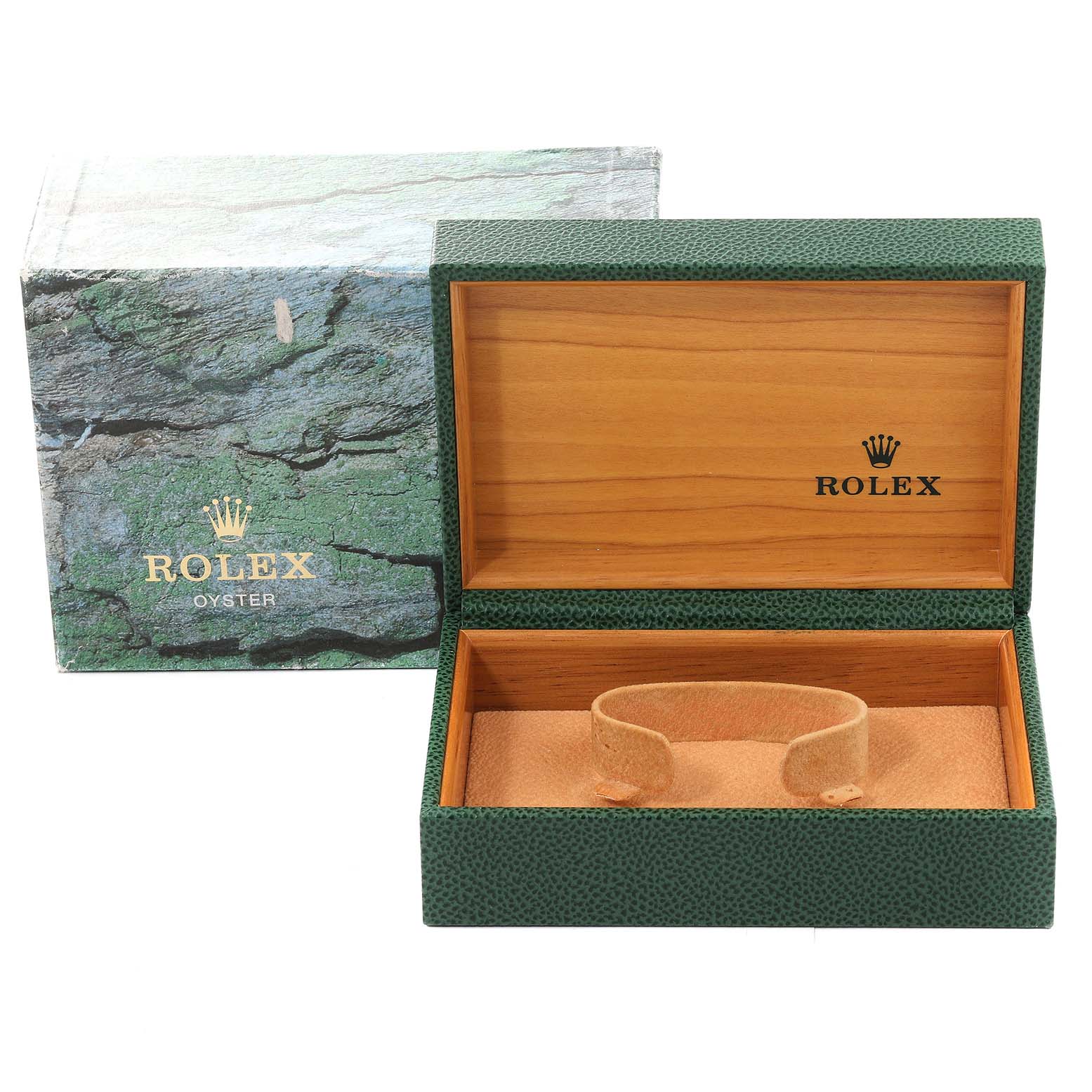 The image shows an empty Rolex Mid-Size 78273 Women's Steel and Gold (two tone) Mother of Pearl Dial 78273 Women's Steel and Gold (two tone) Mother of Pearl Dial model watch box and its outer green case.