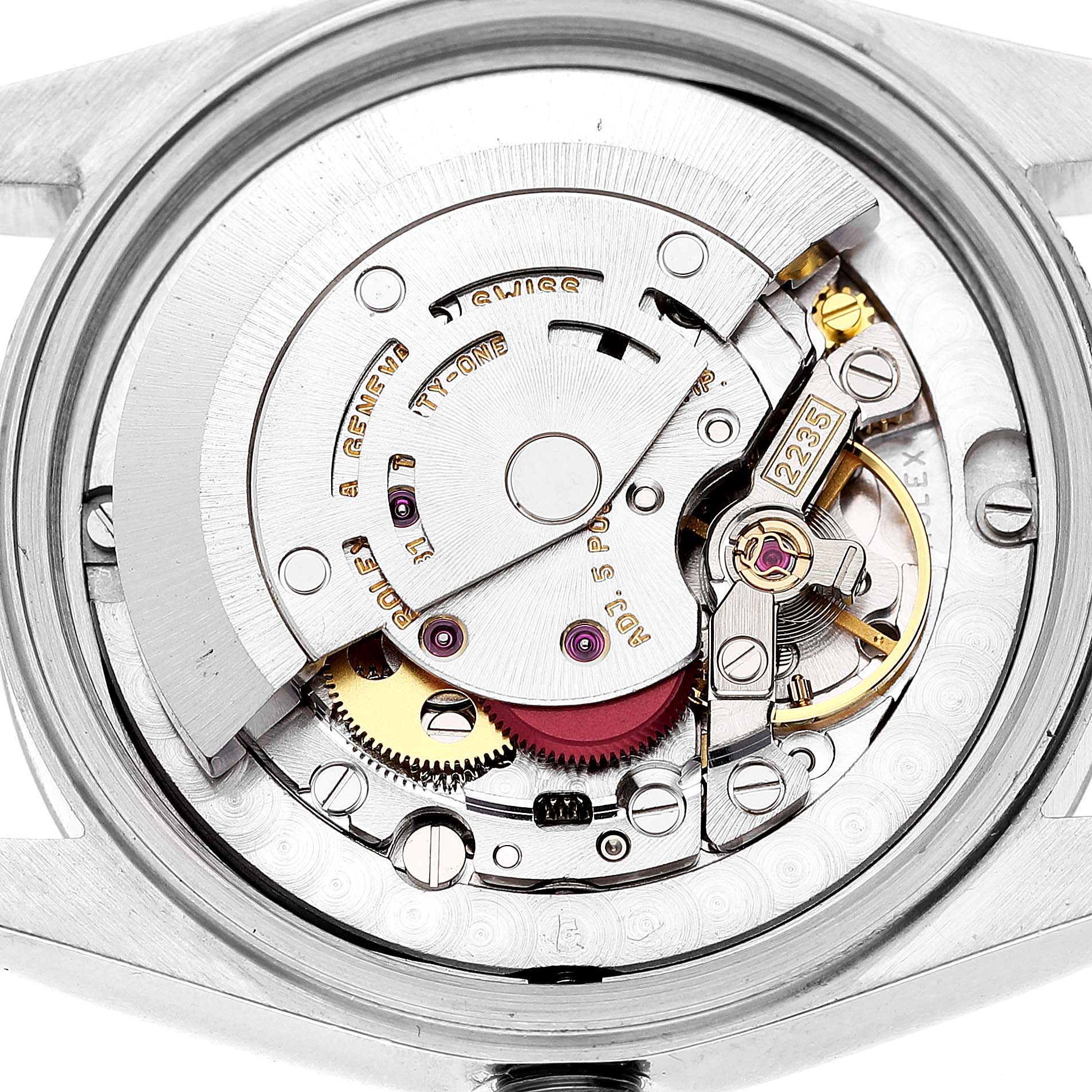 This image shows the internal mechanism of a Rolex Mid-Size 78273 Women's Steel and Gold (two tone) Mother of Pearl Dial 78273 Women's Steel and Gold (two tone) Mother of Pearl Dial model watch at a close-up angle.