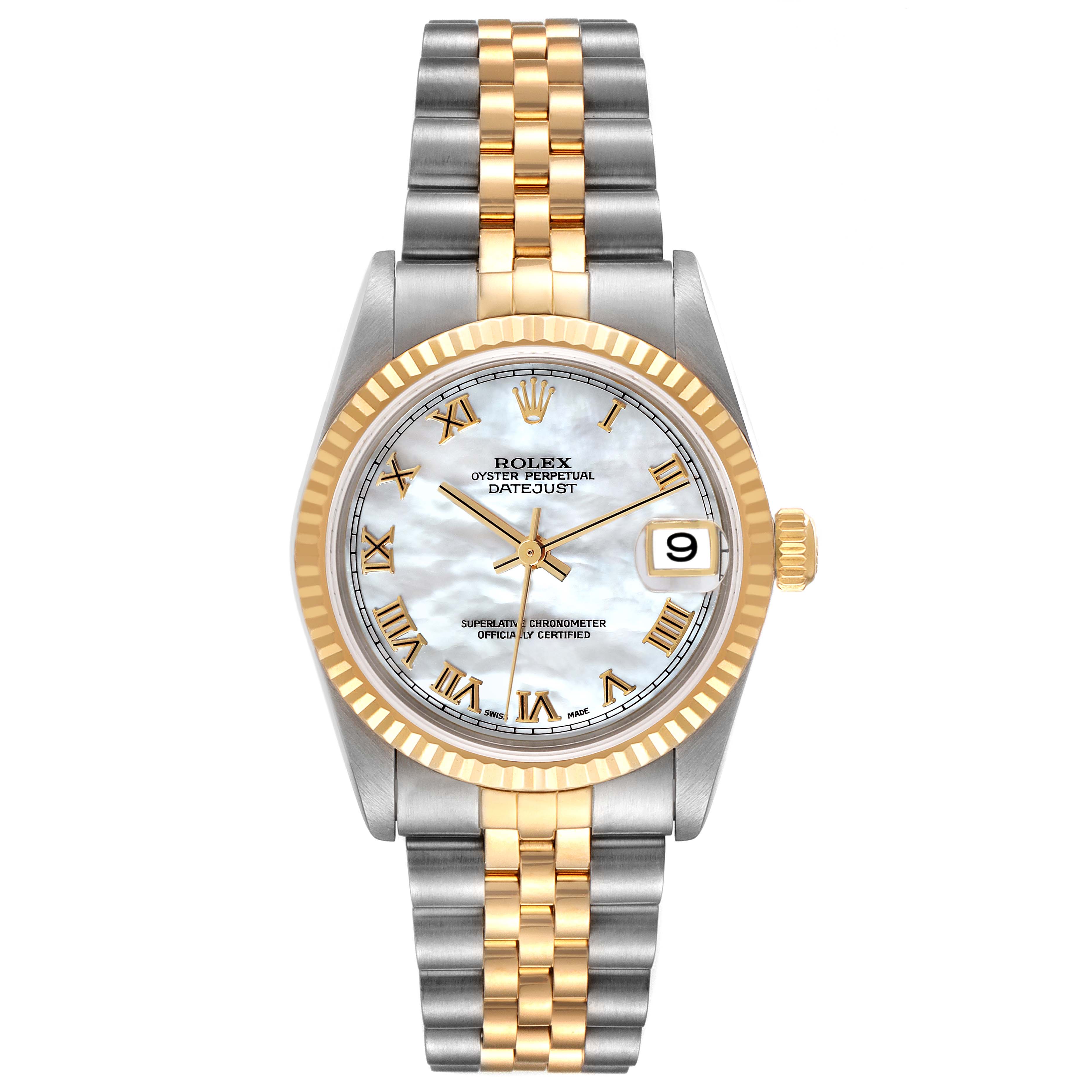 This image shows a front view of the Rolex Mid-Size 78273 Women's Steel and Gold (two tone) Mother of Pearl Dial 78273 Women's Steel and Gold (two tone) Mother of Pearl Dial Oyster Perpetual Datejust watch, highlighting the dial, bezel, and bracelet.