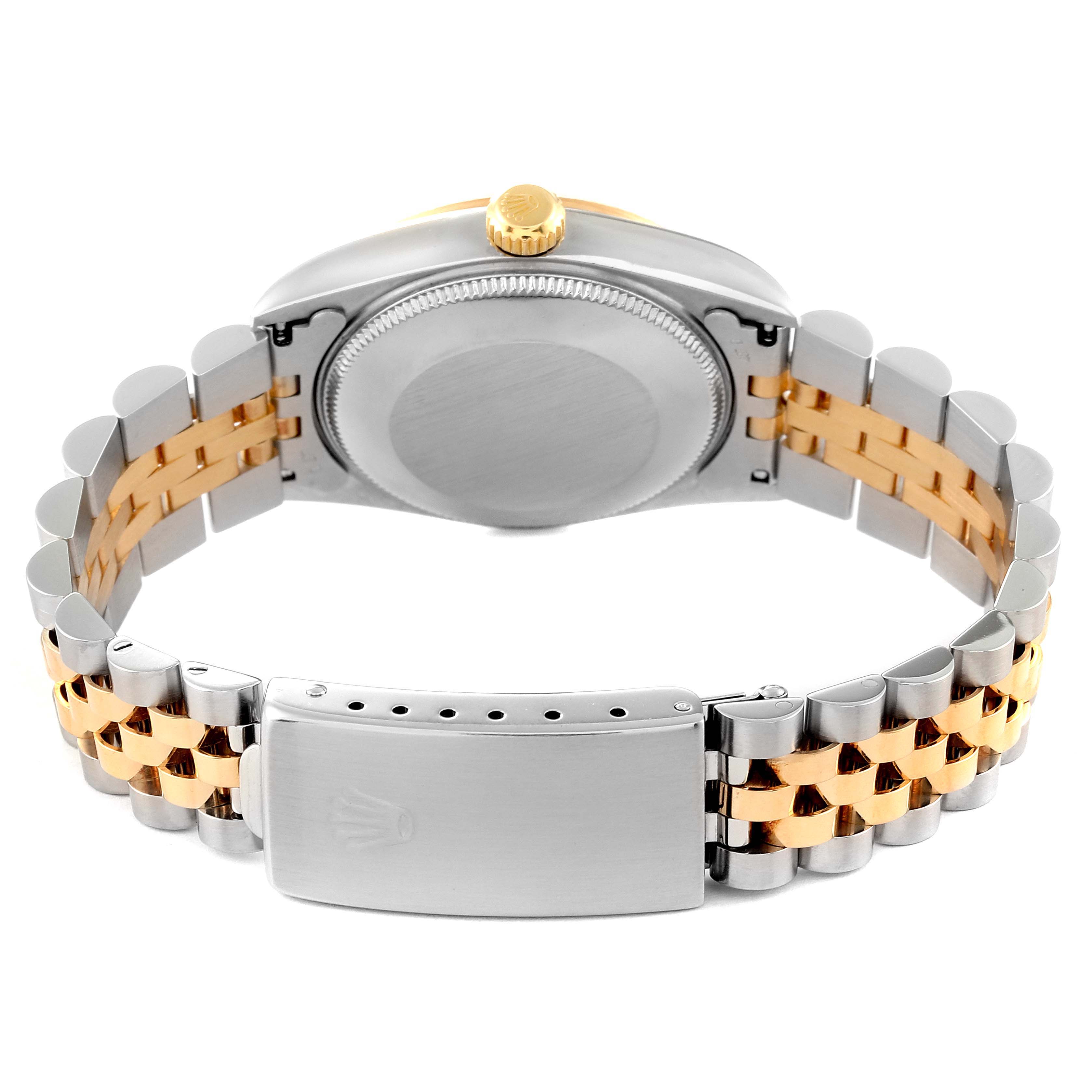 The image shows the back casing and bracelet clasp of a Rolex Mid-Size 78273 Women's Steel and Gold (two tone) Mother of Pearl Dial 78273 Women's Steel and Gold (two tone) Mother of Pearl Dial watch.
