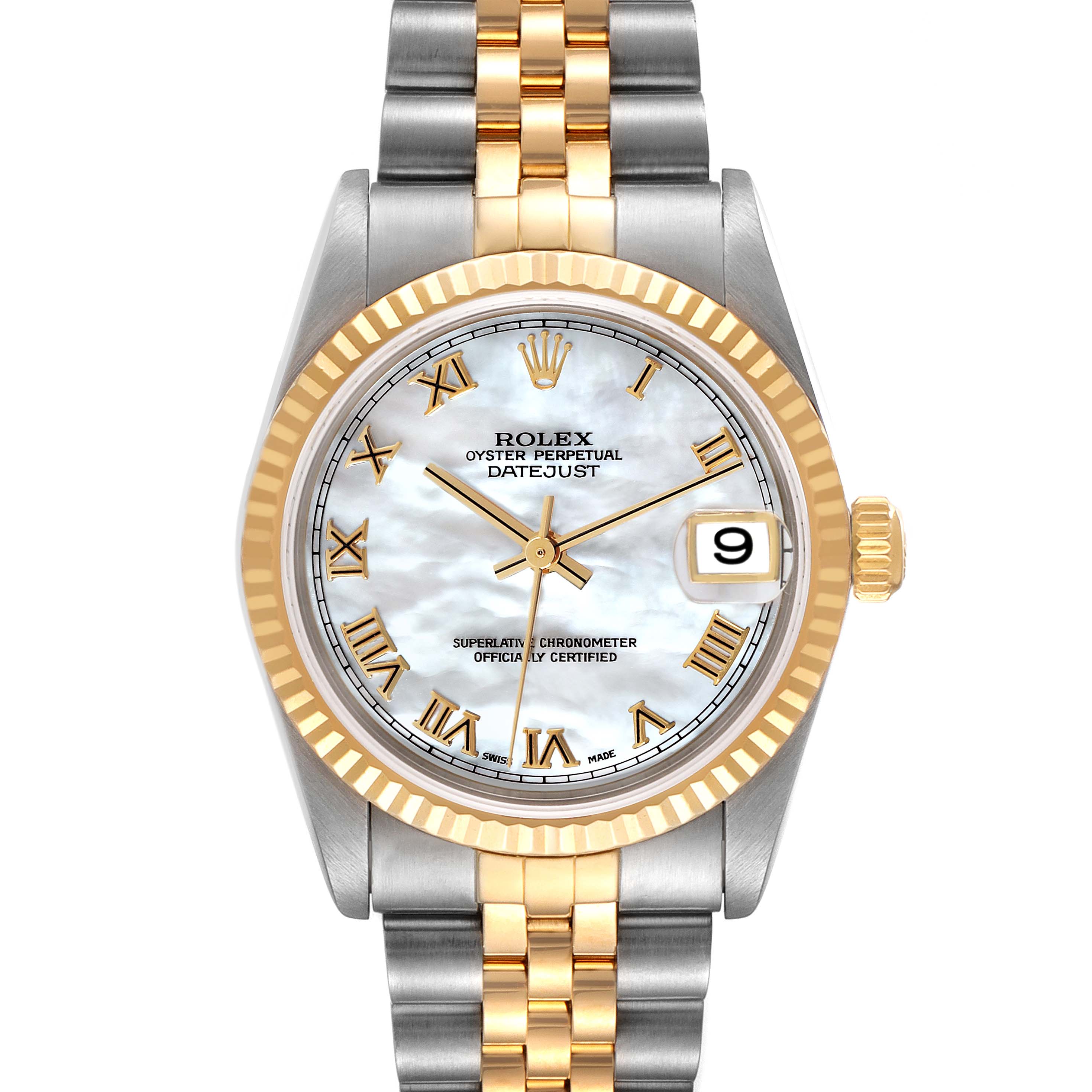This Rolex Mid-Size 78273 Women's Steel and Gold (two tone) Mother of Pearl Dial 78273 Women's Steel and Gold (two tone) Mother of Pearl Dial Oyster Perpetual Datejust watch is shown from the front, displaying its dial, bezel, crown, and two-tone bracelet.