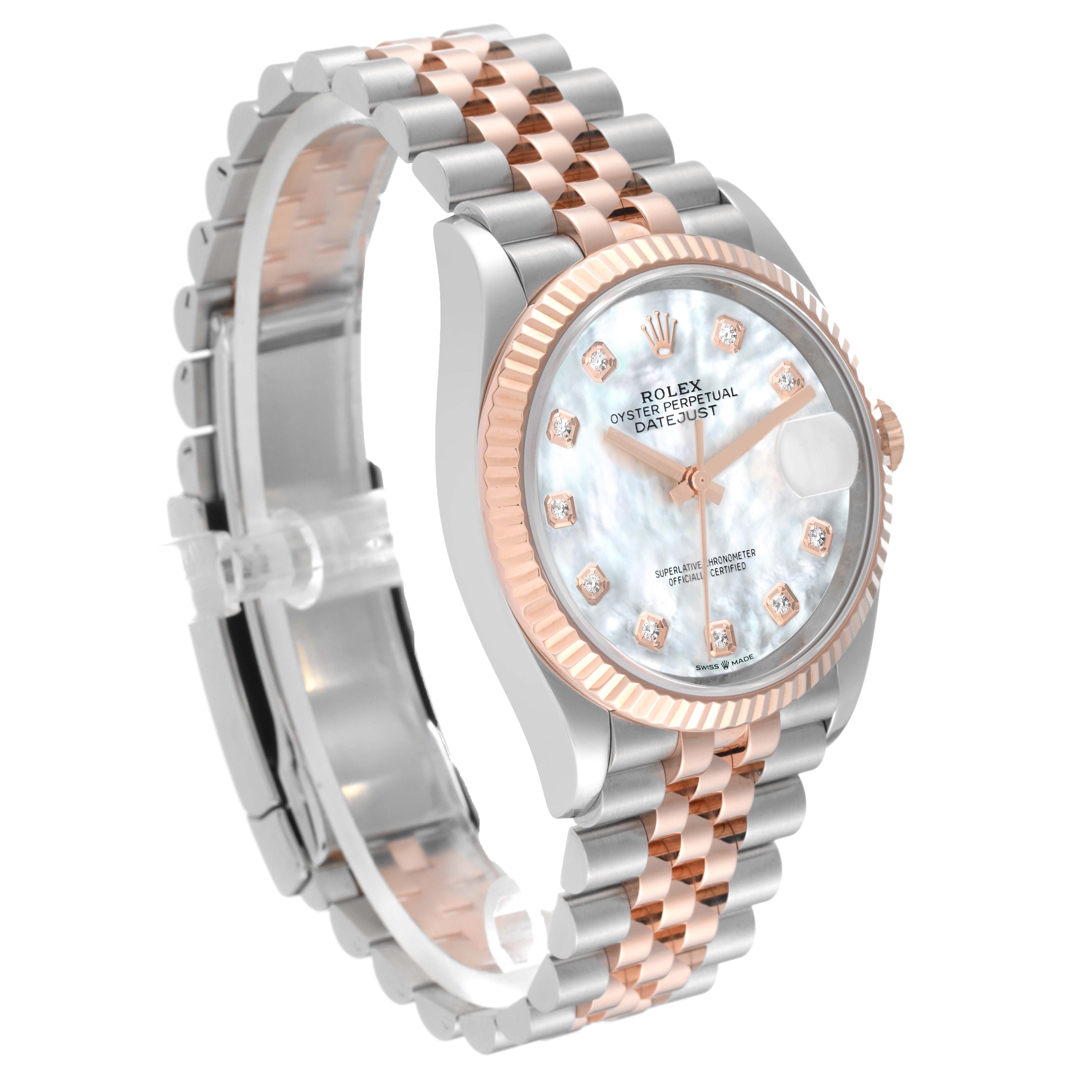 The image shows a Rolex Datejust 126231 Men's Steel and Gold (two tone) Mother of Pearl Dial 126231 Men's Steel and Gold (two tone) Mother of Pearl Dial watch at a three-quarter angle, highlighting its dial, bezel, and jubilee bracelet.