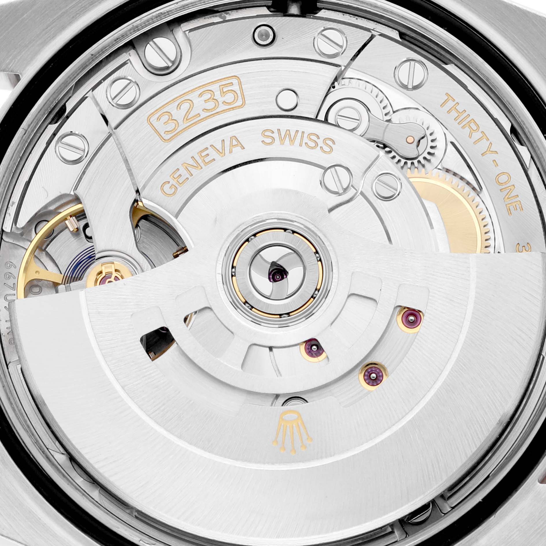 This image shows the movement mechanism of the Rolex Datejust 126231 Men's Steel and Gold (two tone) Mother of Pearl Dial 126231 Men's Steel and Gold (two tone) Mother of Pearl Dial, highlighting its intricate parts and engravings.