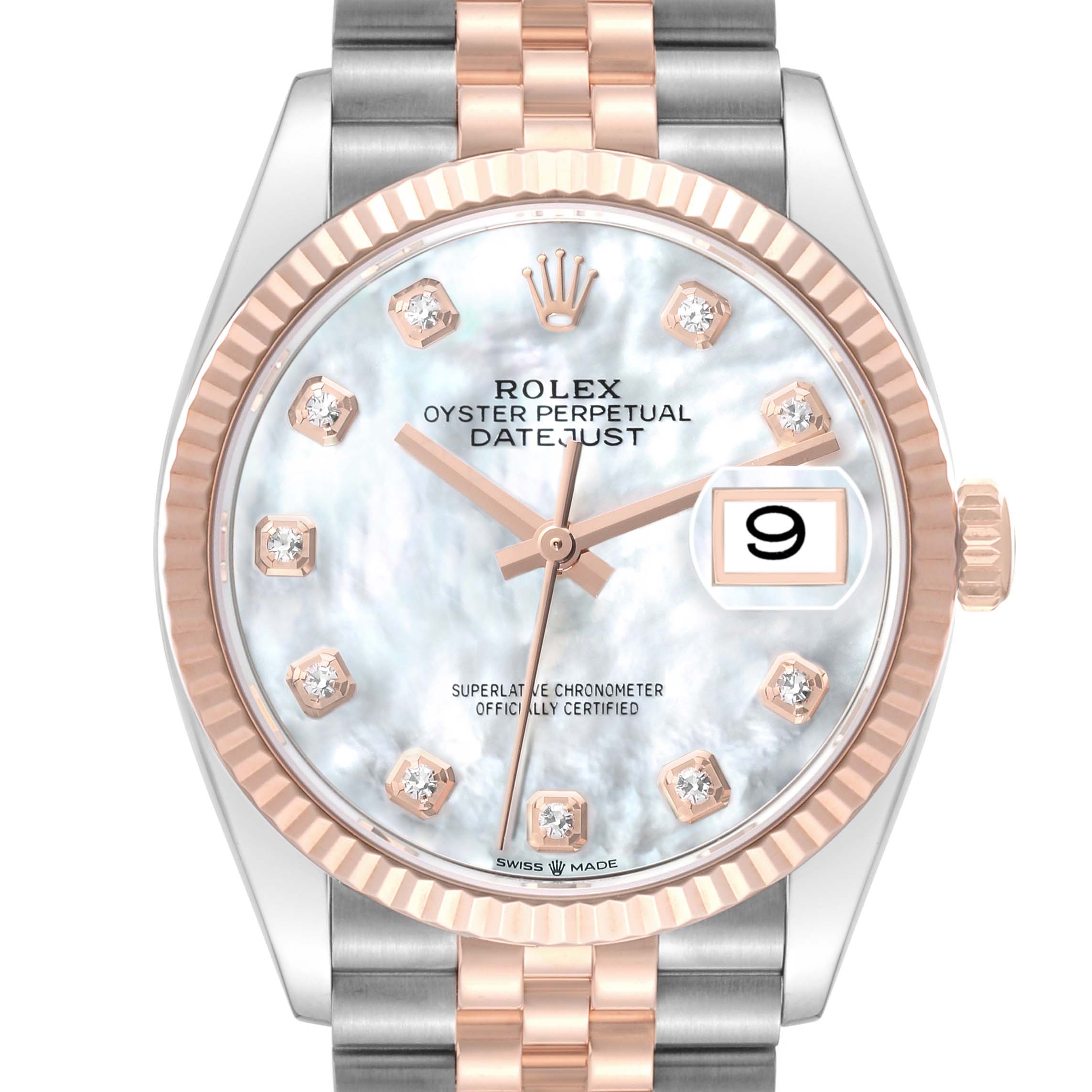 The Rolex Datejust 126231 Men's Steel and Gold (two tone) Mother of Pearl Dial 126231 Men's Steel and Gold (two tone) Mother of Pearl Dial watch is shown from a front angle, highlighting the face, bezel, crown, and part of the bracelet.