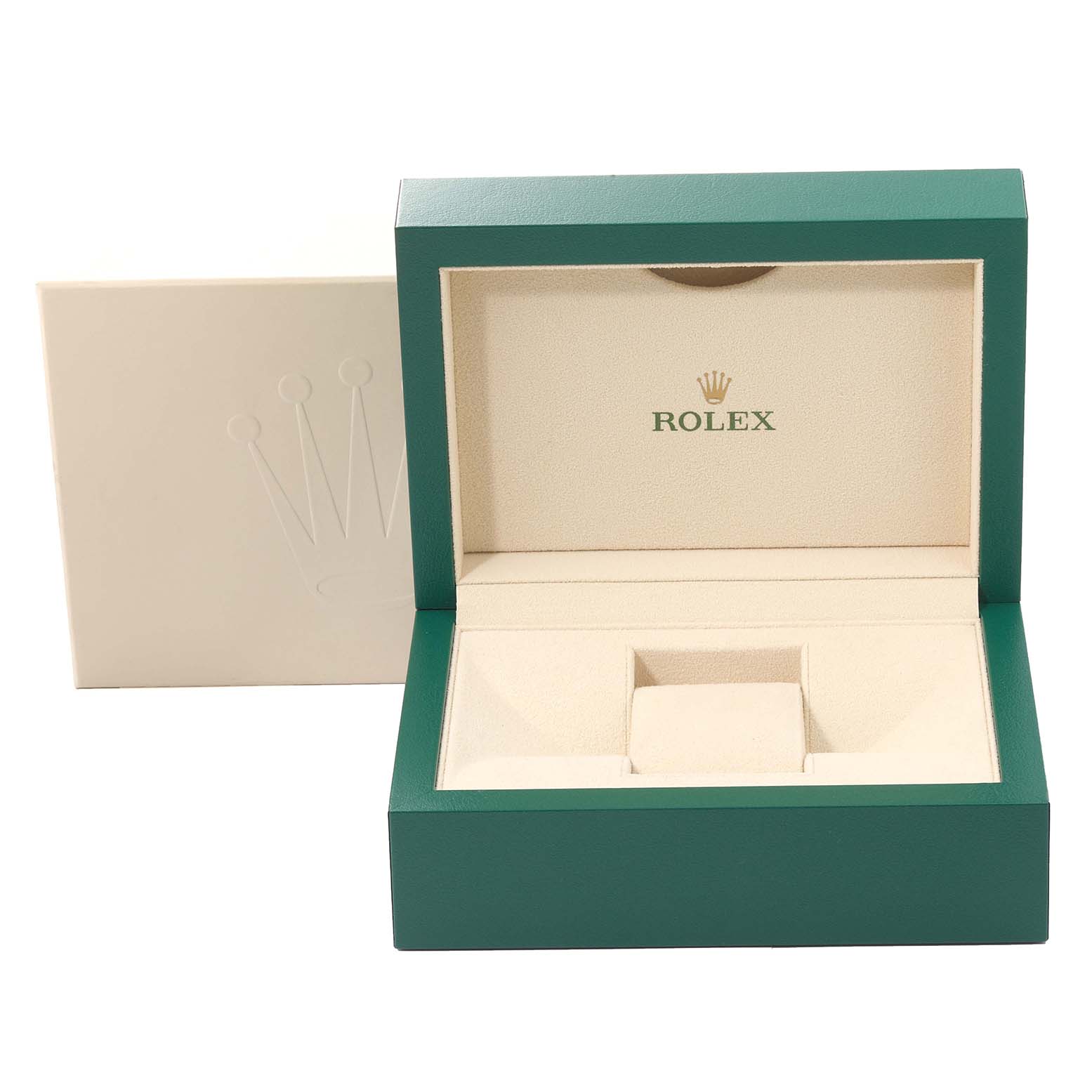 This is an open green and beige box for a Rolex Datejust 126231 Men's Steel and Gold (two tone) Mother of Pearl Dial 126231 Men's Steel and Gold (two tone) Mother of Pearl Dial model watch, photographed from the front.