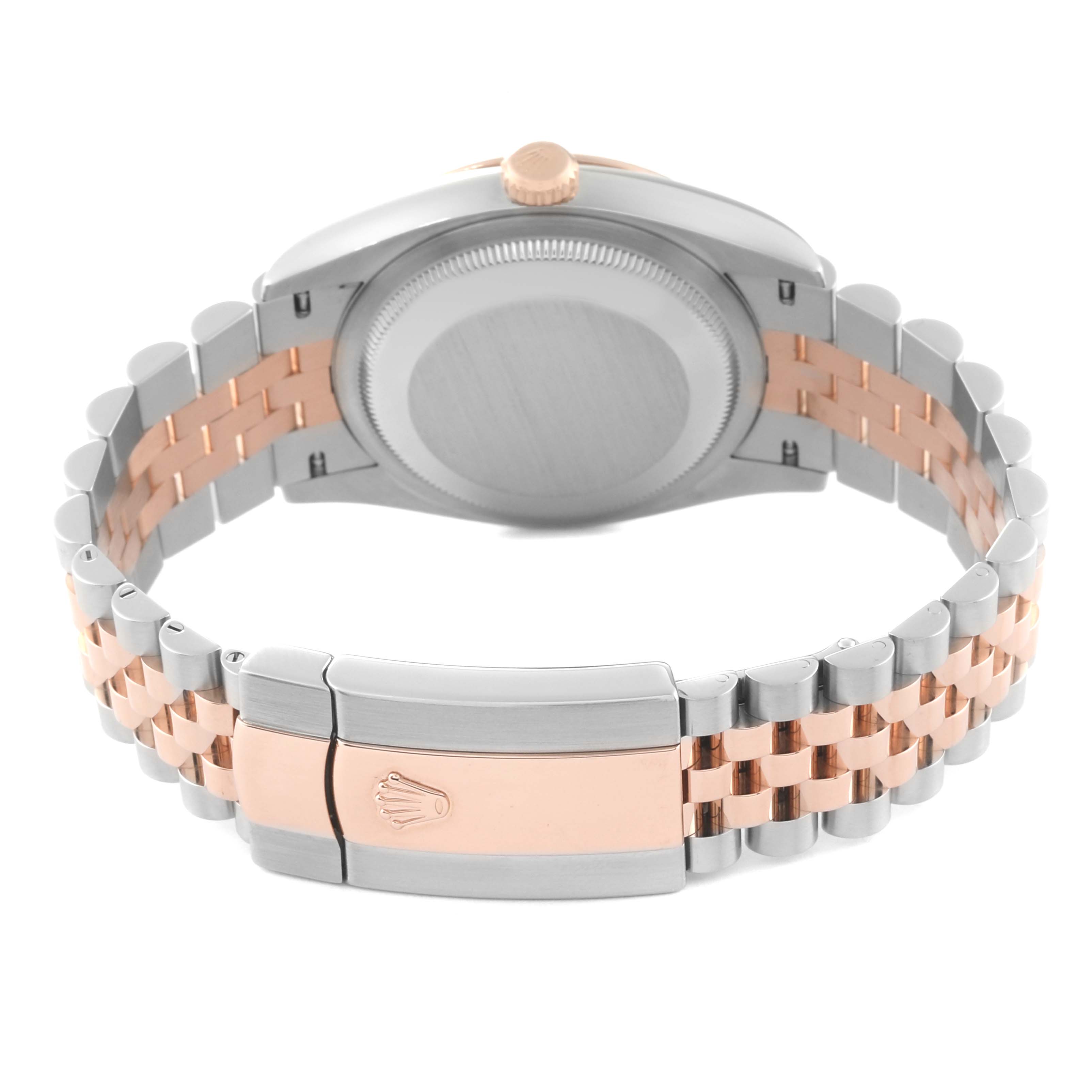 This image shows the back view and bracelet of a Rolex Datejust 126231 Men's Steel and Gold (two tone) Mother of Pearl Dial 126231 Men's Steel and Gold (two tone) Mother of Pearl Dial watch, featuring a combination of silver and rose gold metals.