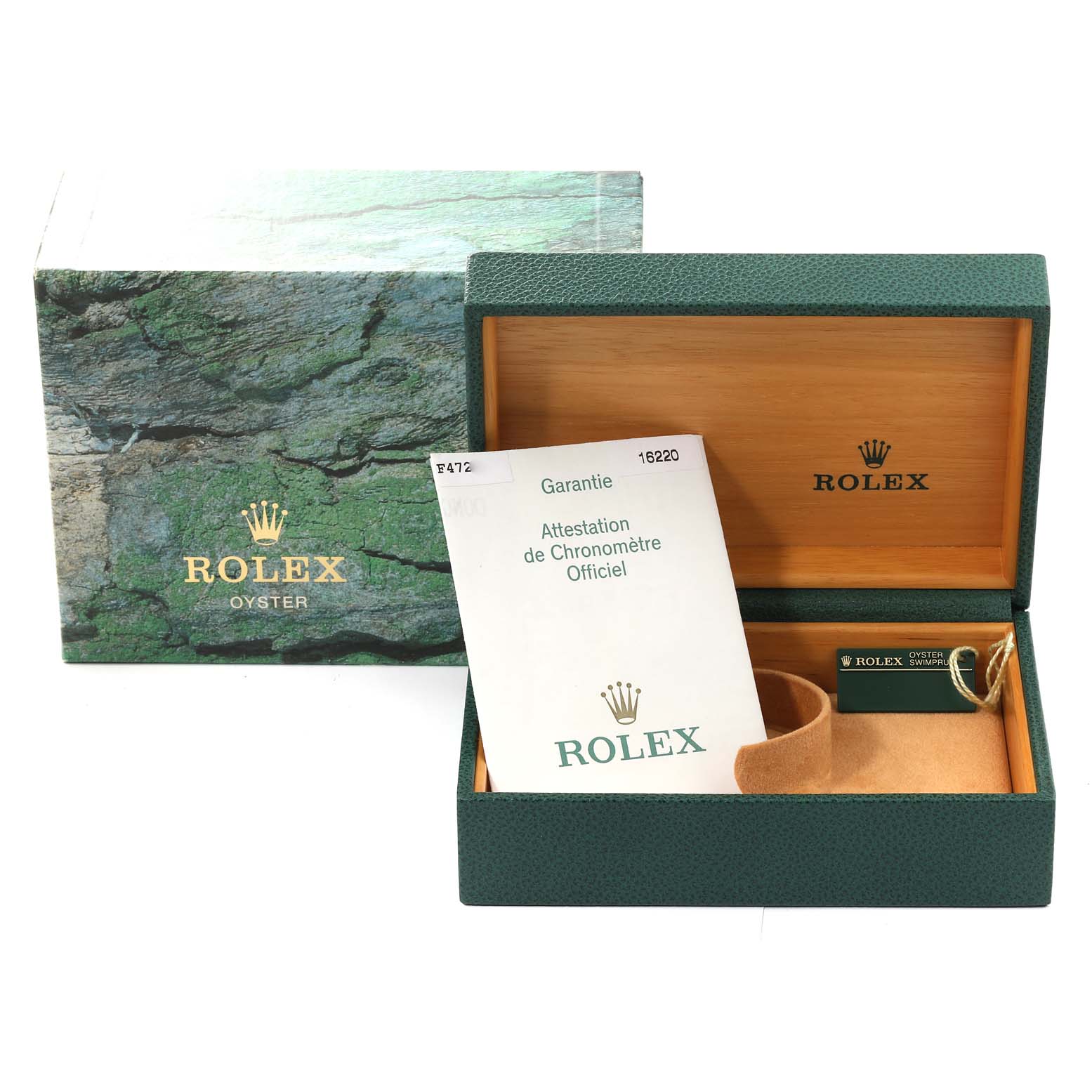 The image shows the packaging, warranty documents, and accessories of a Rolex Datejust 16220 Men's Stainless Steel Silver Dial 16220 Men's Stainless Steel Silver Dial watch.