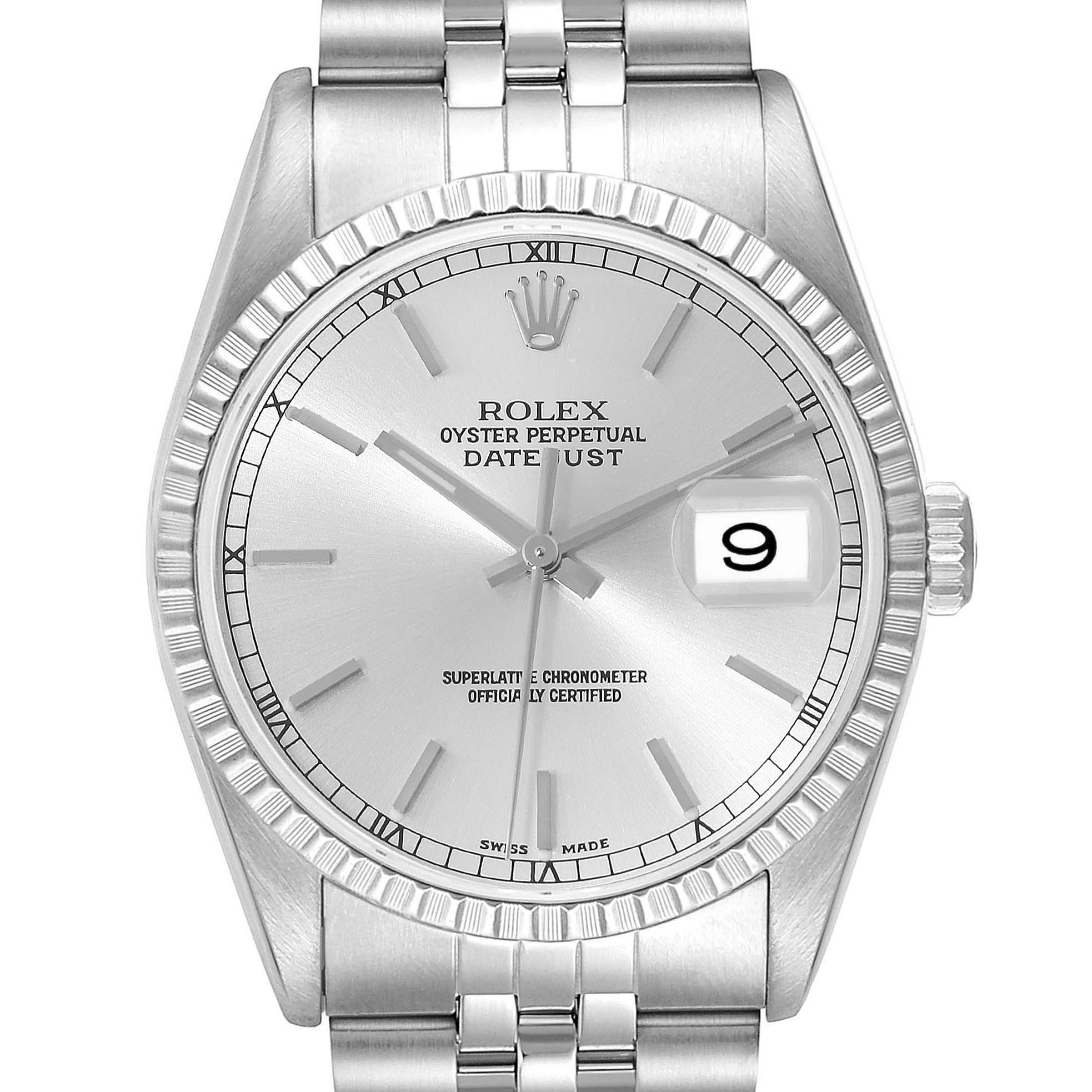 This image shows a front view of the Rolex Datejust 16220 Men's Stainless Steel Silver Dial 16220 Men's Stainless Steel Silver Dial watch, featuring its dial, bezel, and part of the bracelet.