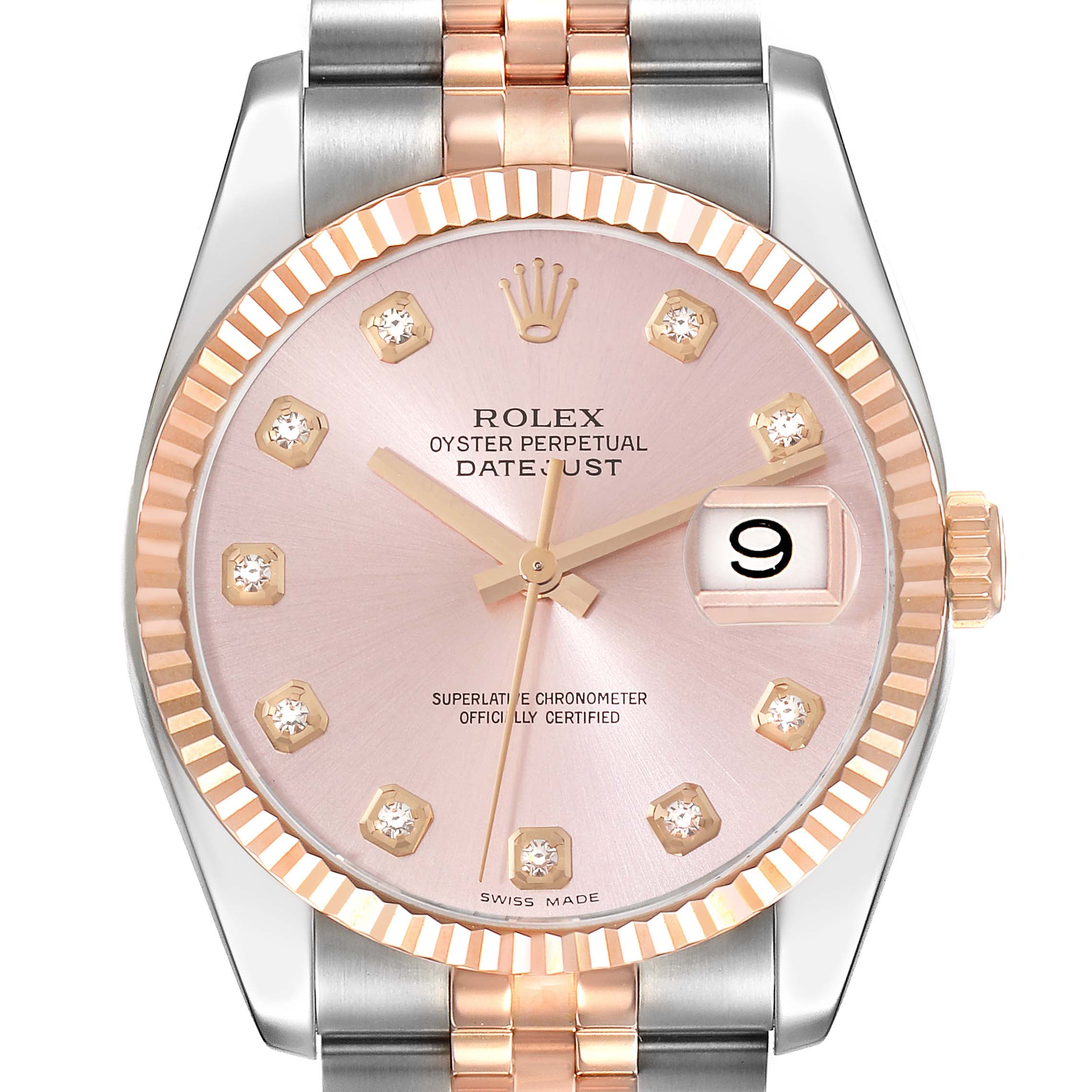 The image shows a frontal view of a Rolex Datejust 116231 Men's Steel and Gold (two tone) Pink Dial 116231 Men's Steel and Gold (two tone) Pink Dial watch, highlighting its pink dial, diamond hour markers, and two-tone bracelet.