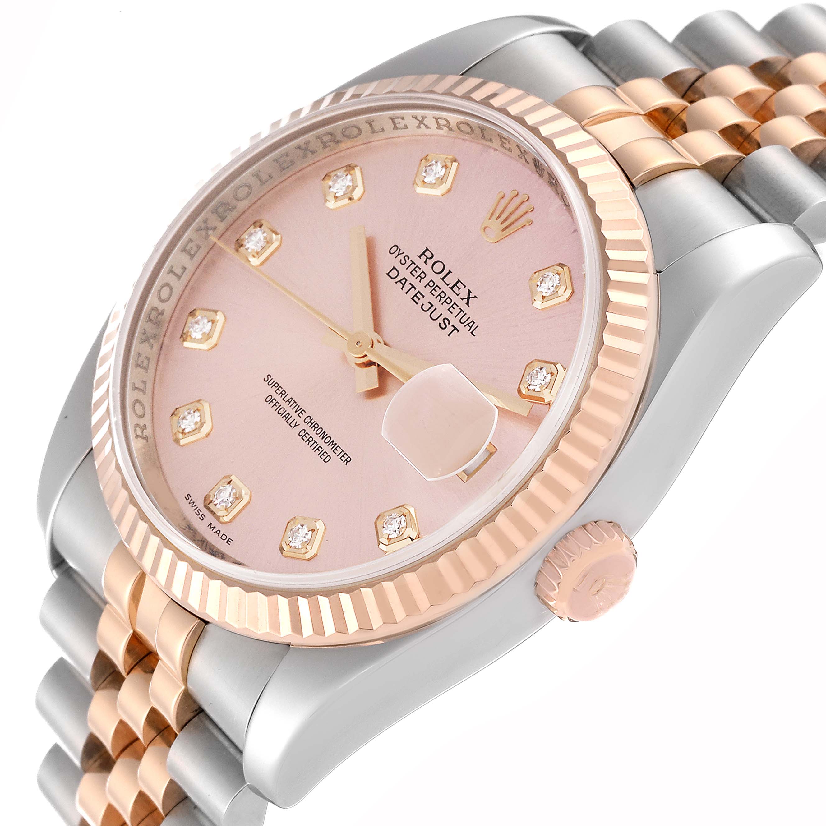 The image shows a close-up angle of the Rolex Datejust 116231 Men's Steel and Gold (two tone) Pink Dial 116231 Men's Steel and Gold (two tone) Pink Dial watch, highlighting the dial, crown, and part of the bracelet.