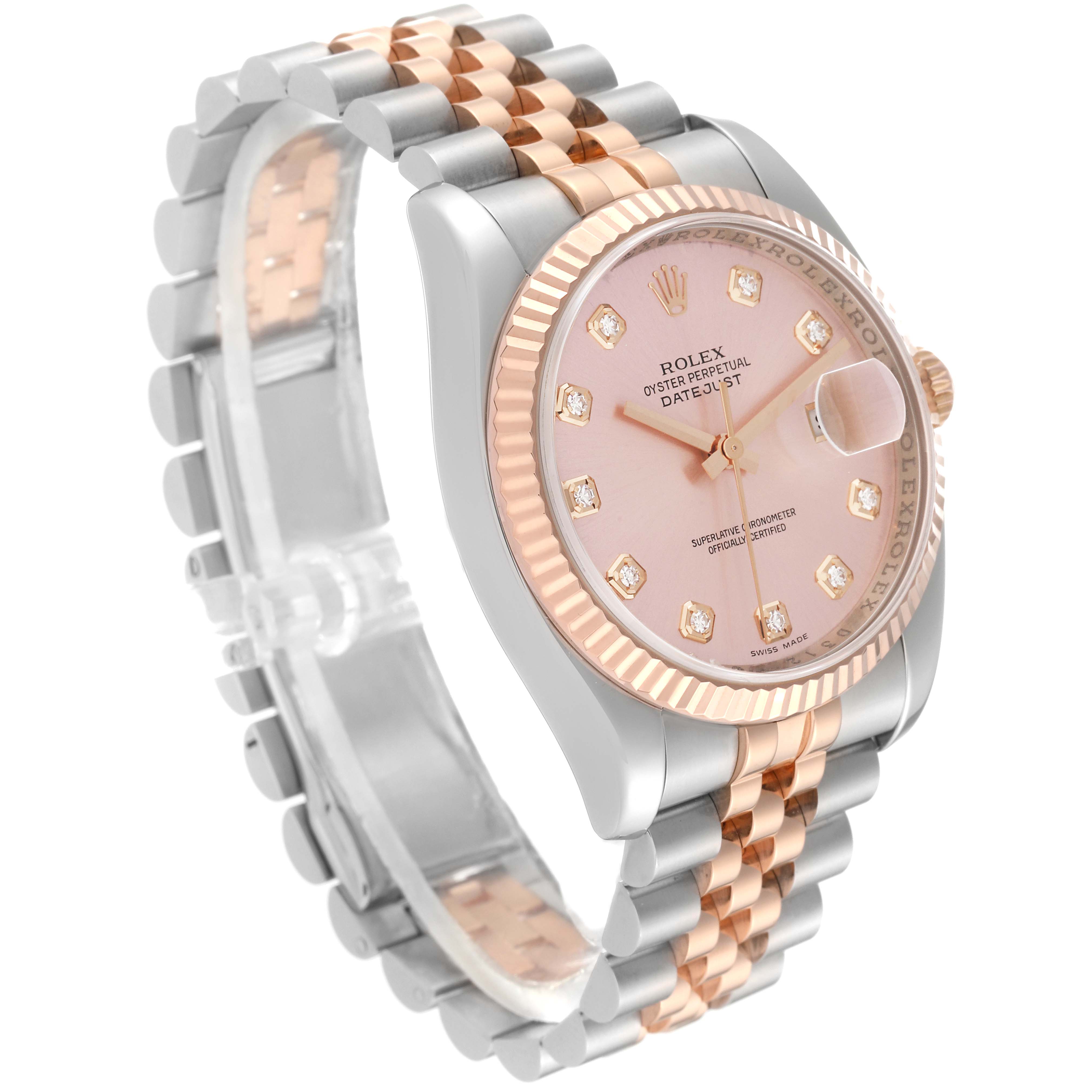 The image shows a Rolex Datejust 116231 Men's Steel and Gold (two tone) Pink Dial 116231 Men's Steel and Gold (two tone) Pink Dial watch from a three-quarter view, highlighting the two-tone bracelet, pink dial, and fluted bezel.