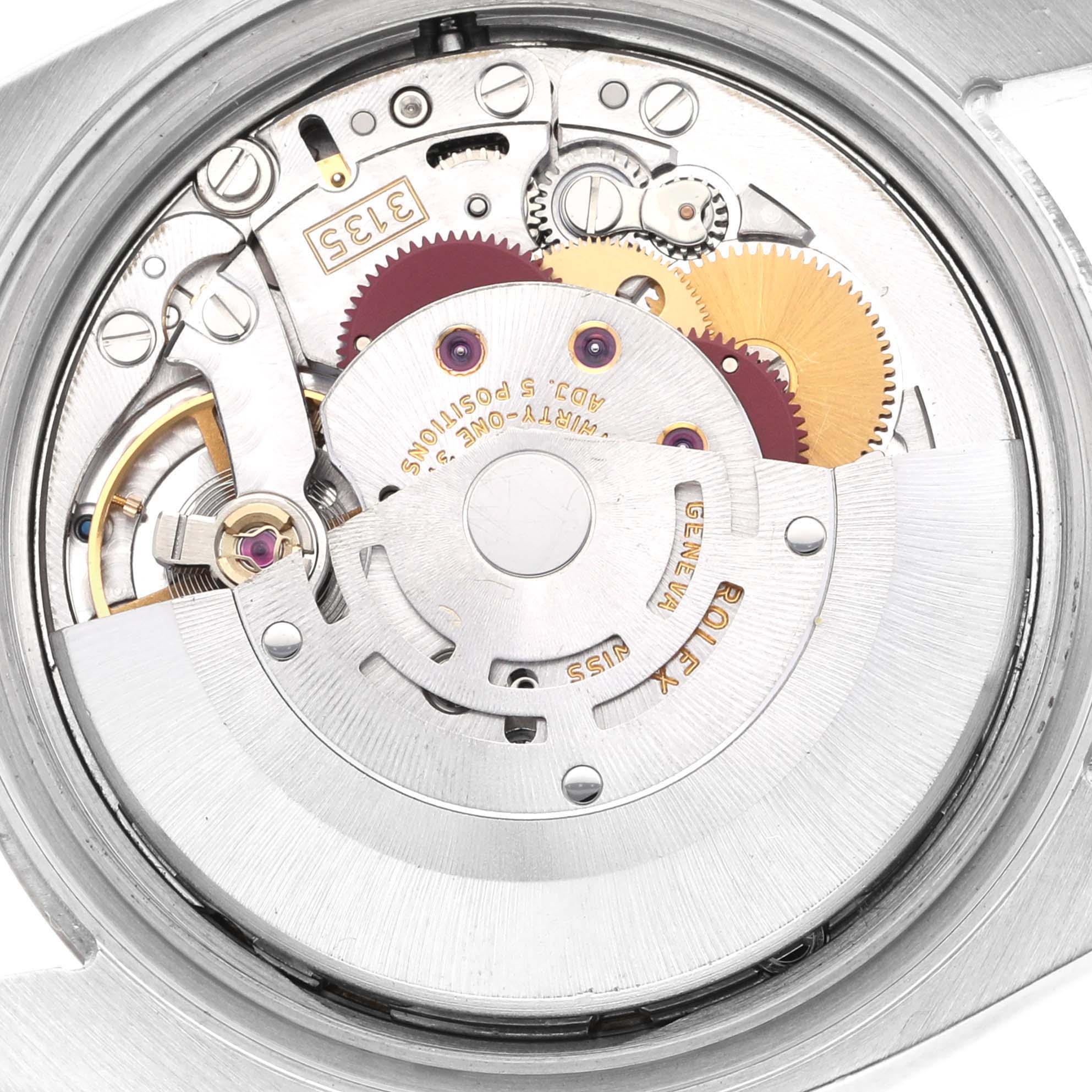 This image shows the internal mechanism of a Rolex Datejust 116231 Men's Steel and Gold (two tone) Pink Dial 116231 Men's Steel and Gold (two tone) Pink Dial watch, viewed from the back.