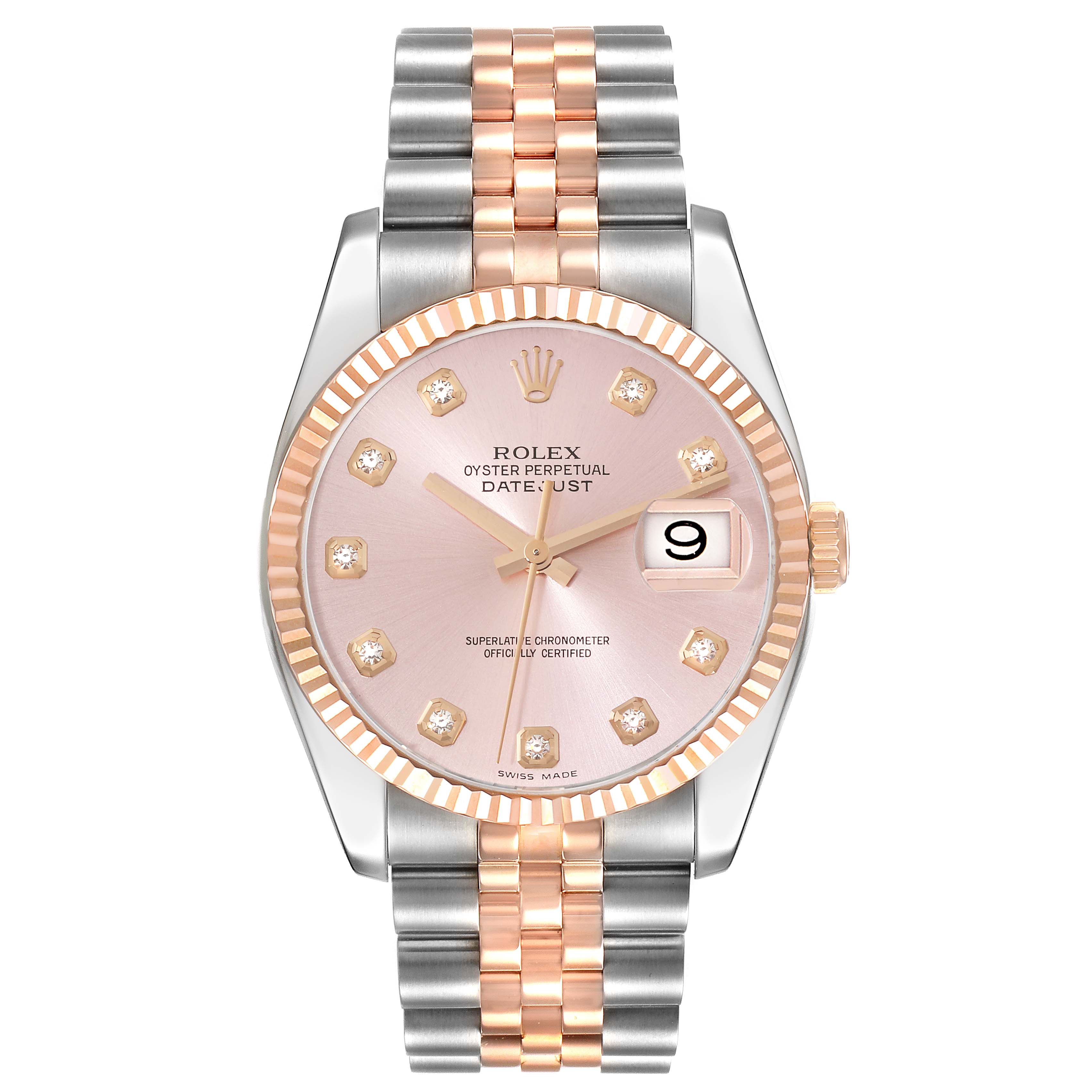 This Rolex Datejust 116231 Men's Steel and Gold (two tone) Pink Dial 116231 Men's Steel and Gold (two tone) Pink Dial watch is shown from a front angle, displaying its dial, bezel, and two-tone Jubilee bracelet.