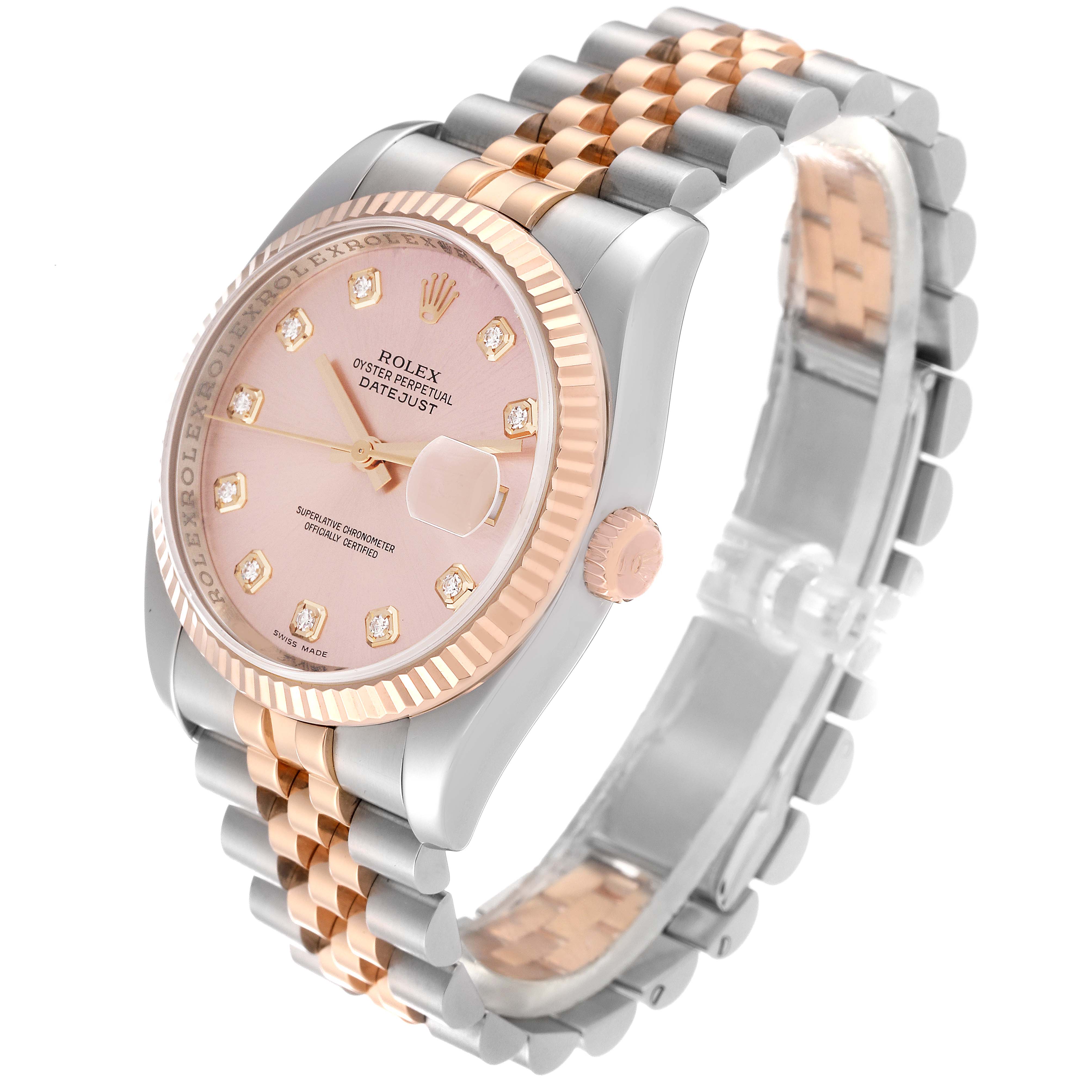 The Rolex Datejust 116231 Men's Steel and Gold (two tone) Pink Dial 116231 Men's Steel and Gold (two tone) Pink Dial watch is shown at an angle displaying the face, dial, bezel, crown, and two-tone bracelet.
