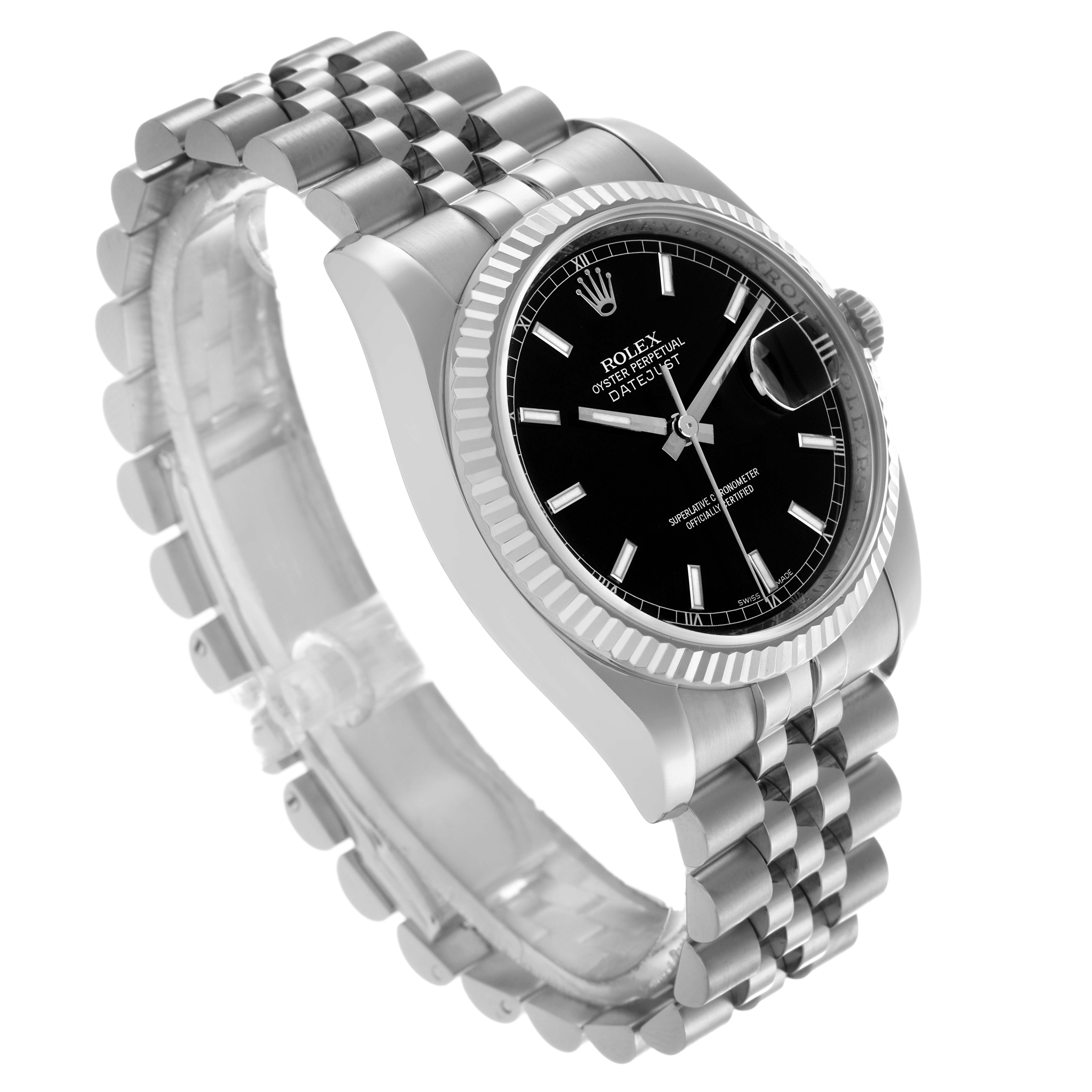 The Rolex Datejust 116234 Men's Stainless Steel Black Dial 116234 Men's Stainless Steel Black Dial watch is shown at a three-quarter angle, displaying the dial, bezel, crown, and bracelet.