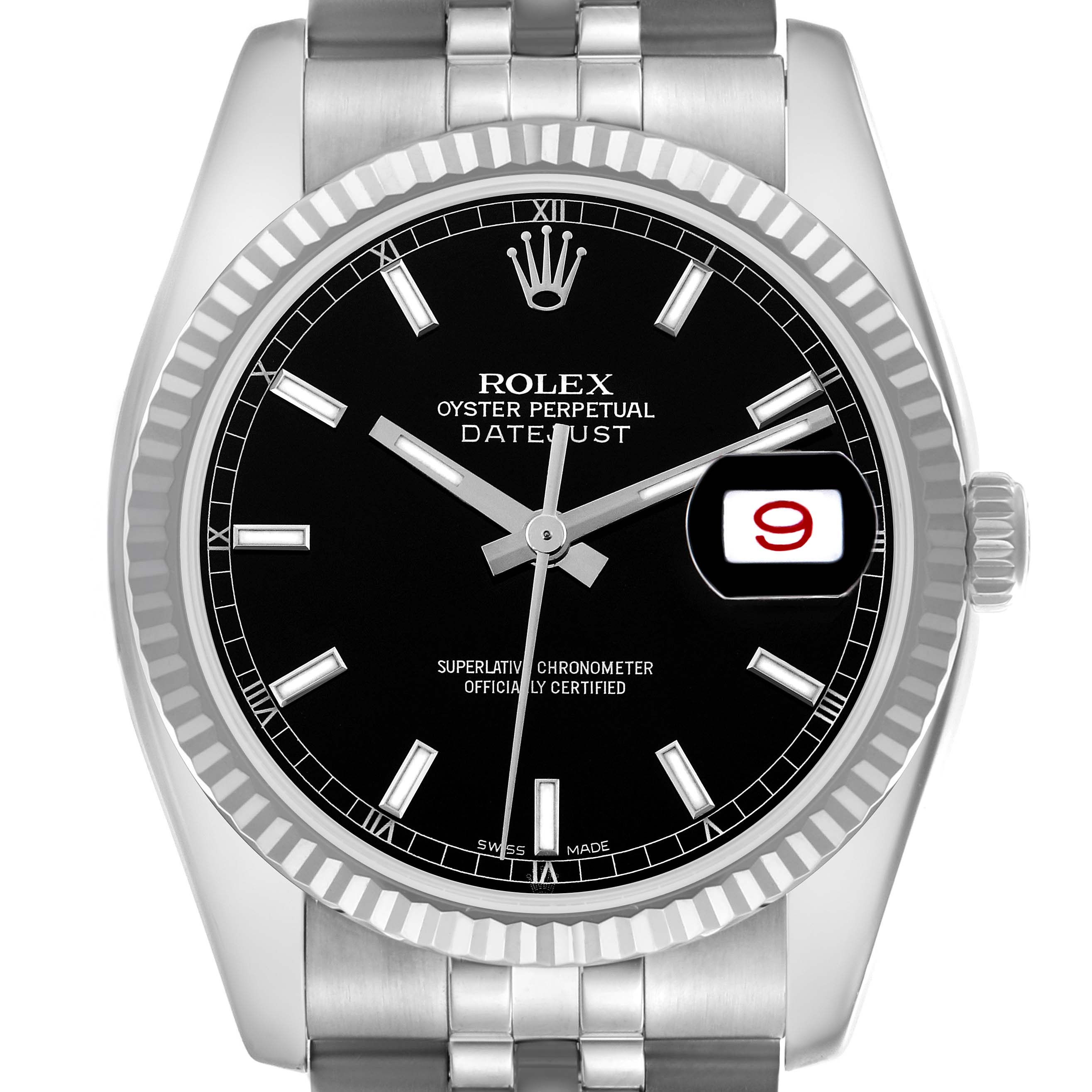 The Rolex Datejust 116234 Men's Stainless Steel Black Dial 116234 Men's Stainless Steel Black Dial watch is shown from a front angle, highlighting the black dial, bezel, hands, and part of the bracelet.