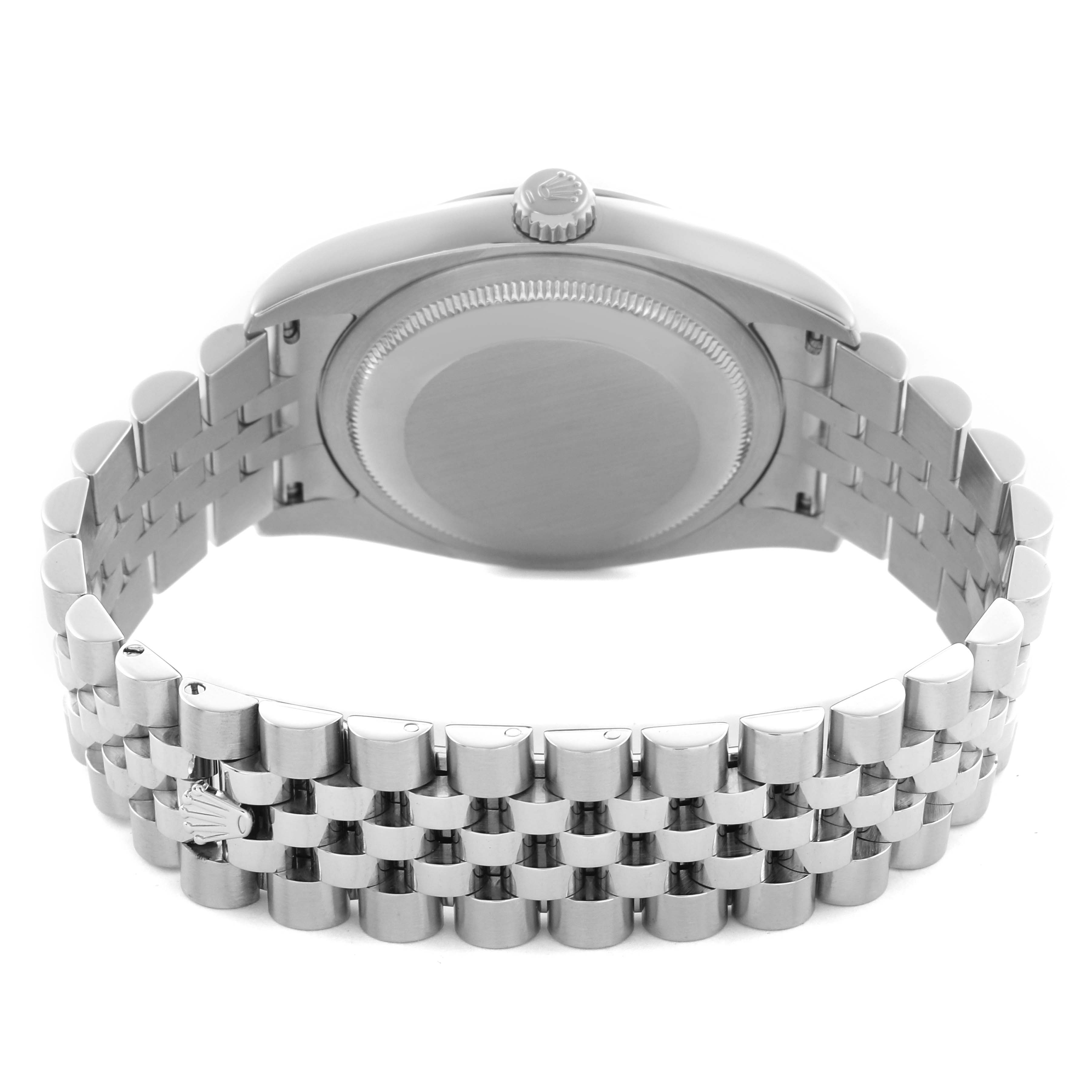 The image shows the back view of a Rolex Datejust 116234 Men's Stainless Steel Black Dial 116234 Men's Stainless Steel Black Dial, highlighting the case back and Jubilee bracelet.