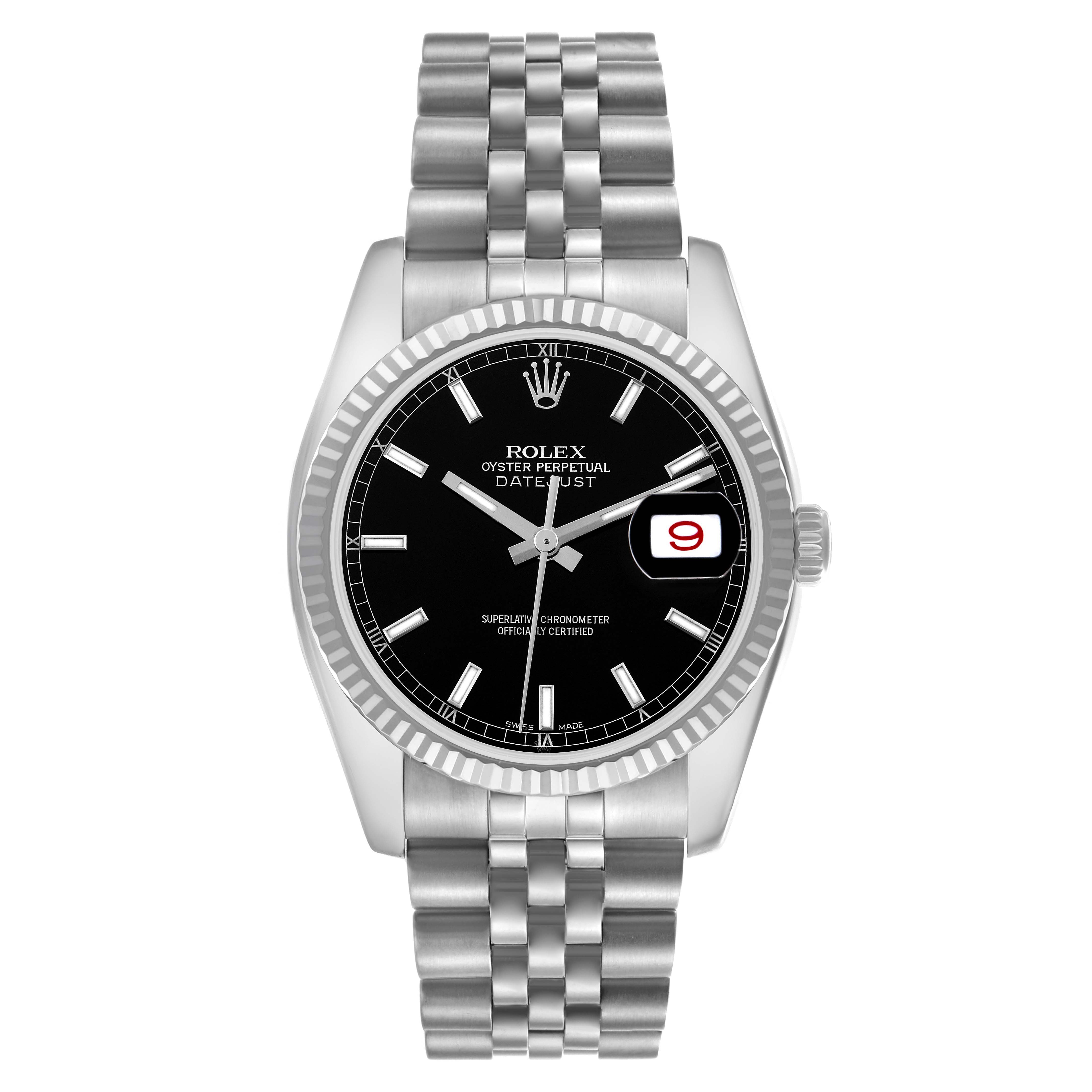The Rolex Datejust 116234 Men's Stainless Steel Black Dial 116234 Men's Stainless Steel Black Dial watch is shown from the front, displaying the dial, fluted bezel, and Jubilee bracelet.