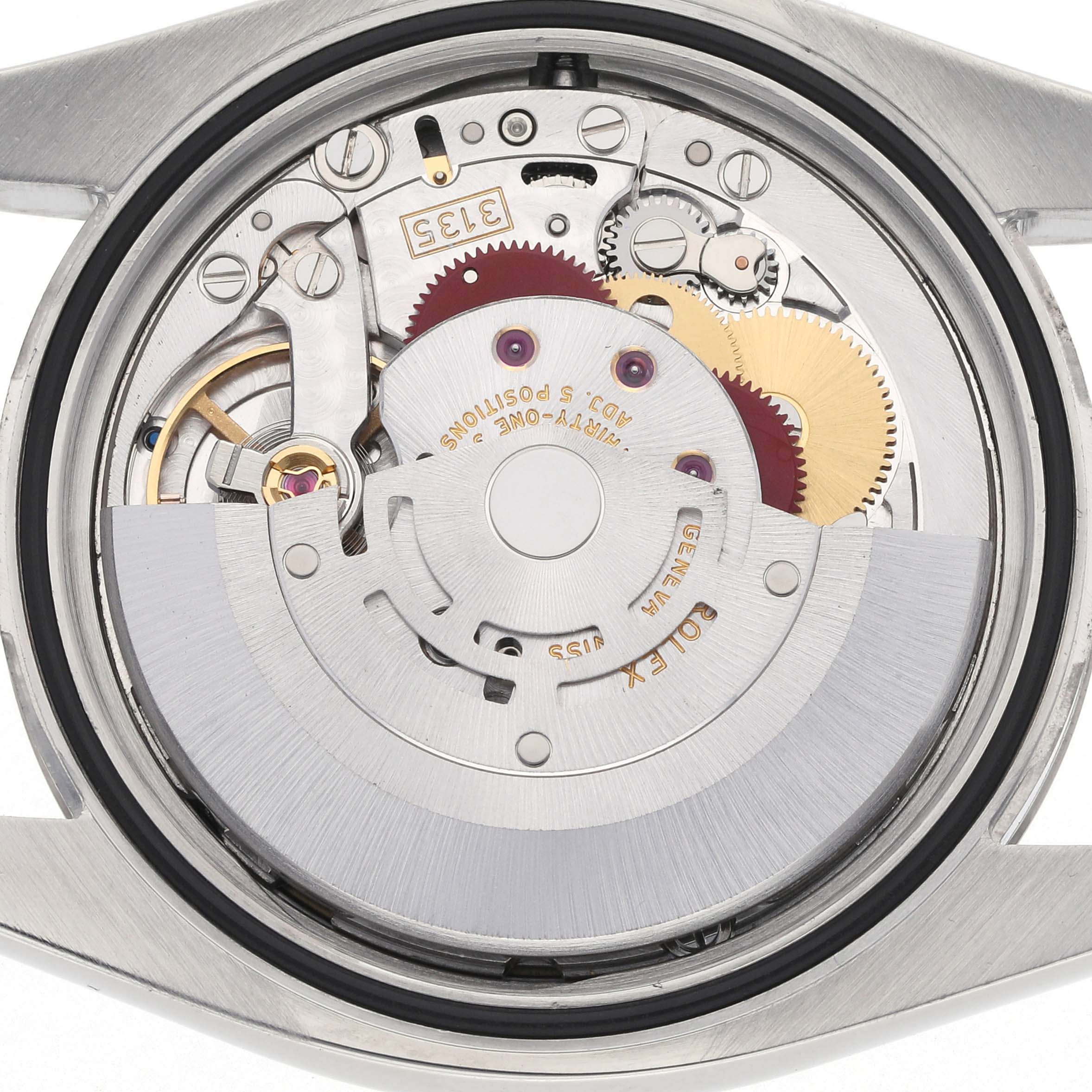 The image shows the movement and internal mechanics of a Rolex Datejust 116234 Men's Stainless Steel Black Dial 116234 Men's Stainless Steel Black Dial watch from the back angle.