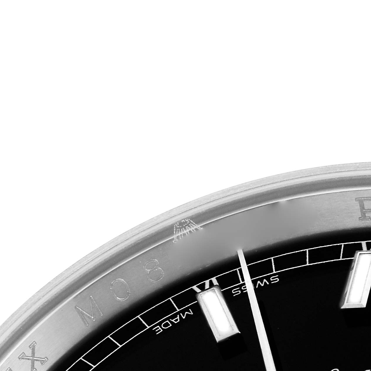 The image shows a close-up of the bezel, part of the dial, and markers of a Rolex Datejust 116234 Men's Stainless Steel Black Dial 116234 Men's Stainless Steel Black Dial watch.
