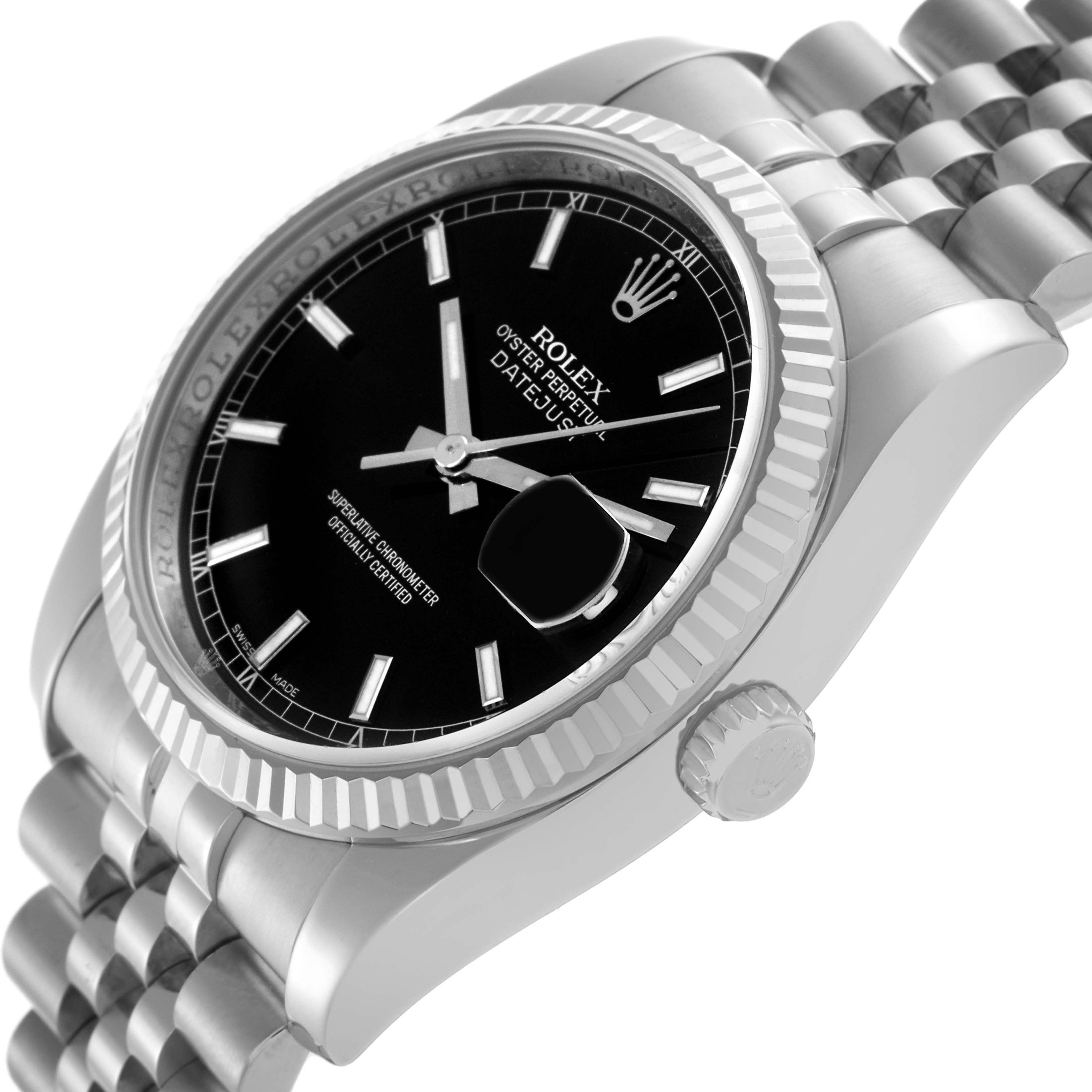 The Rolex Datejust 116234 Men's Stainless Steel Black Dial 116234 Men's Stainless Steel Black Dial watch is shown at an angled side view, displaying the black dial, fluted bezel, and Jubilee bracelet.